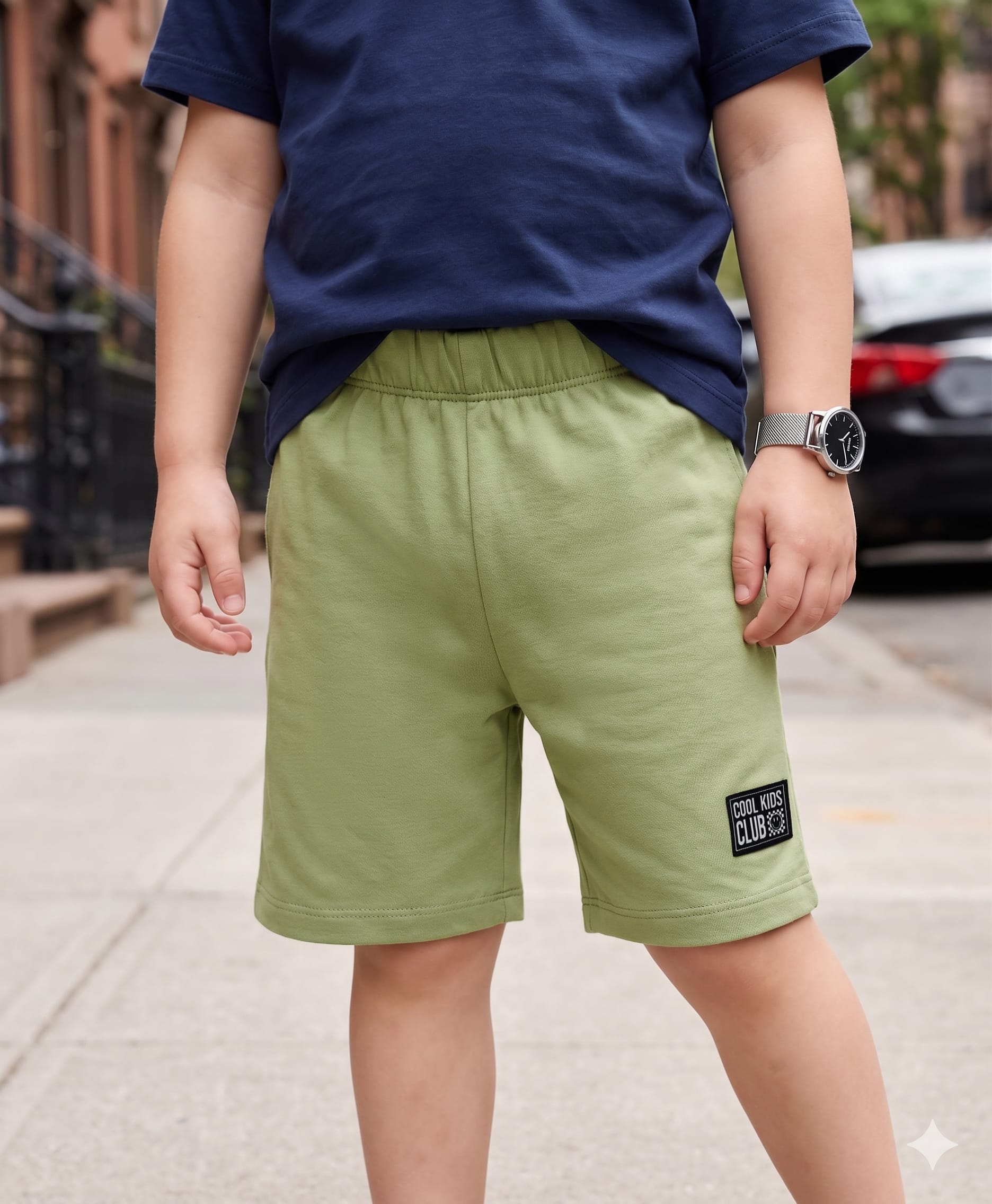 Kookie Kids India Single Jersey Knit Above Knee Length Shorts With Text Badge - Olive Green-image-42
