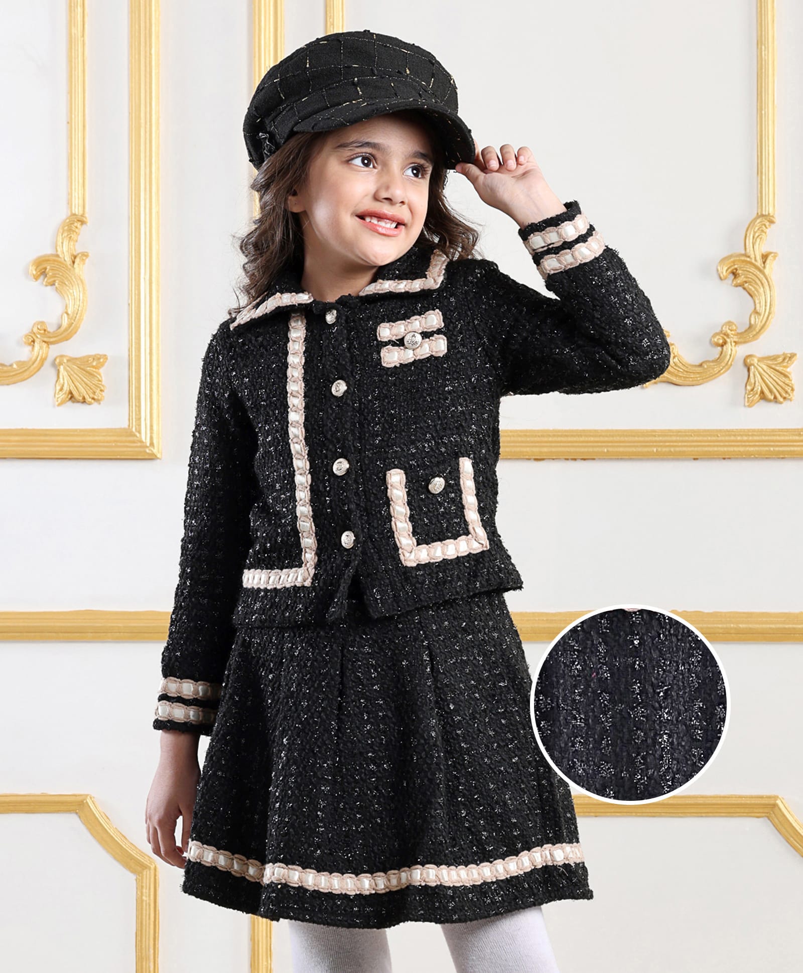Mark & Mia Woven Full Sleeves Winter Party Top & Skirt Set with Lace Detailing - Black-picture-11