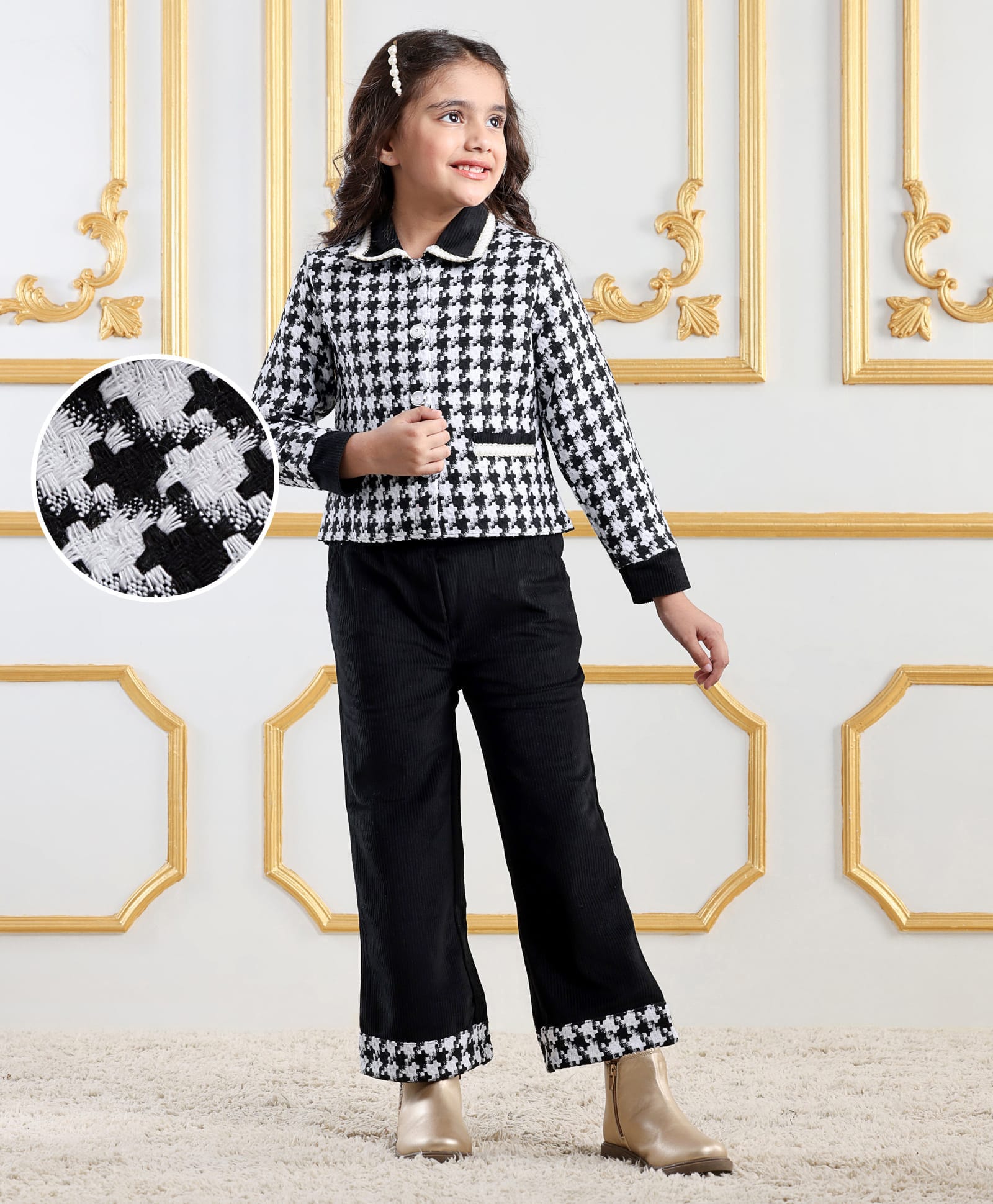 Mark & Mia Woven Full Sleeves Winter Party Top & Pant Set with Hounds Tooth Pattern - Black-picture-38