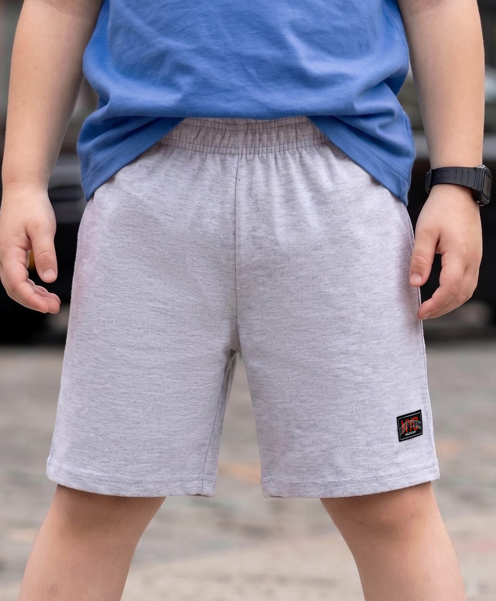 kookie kids india Kookie Kids Single Jersey Knit Shorts with Woven NY Badge - Light Grey-picture-26