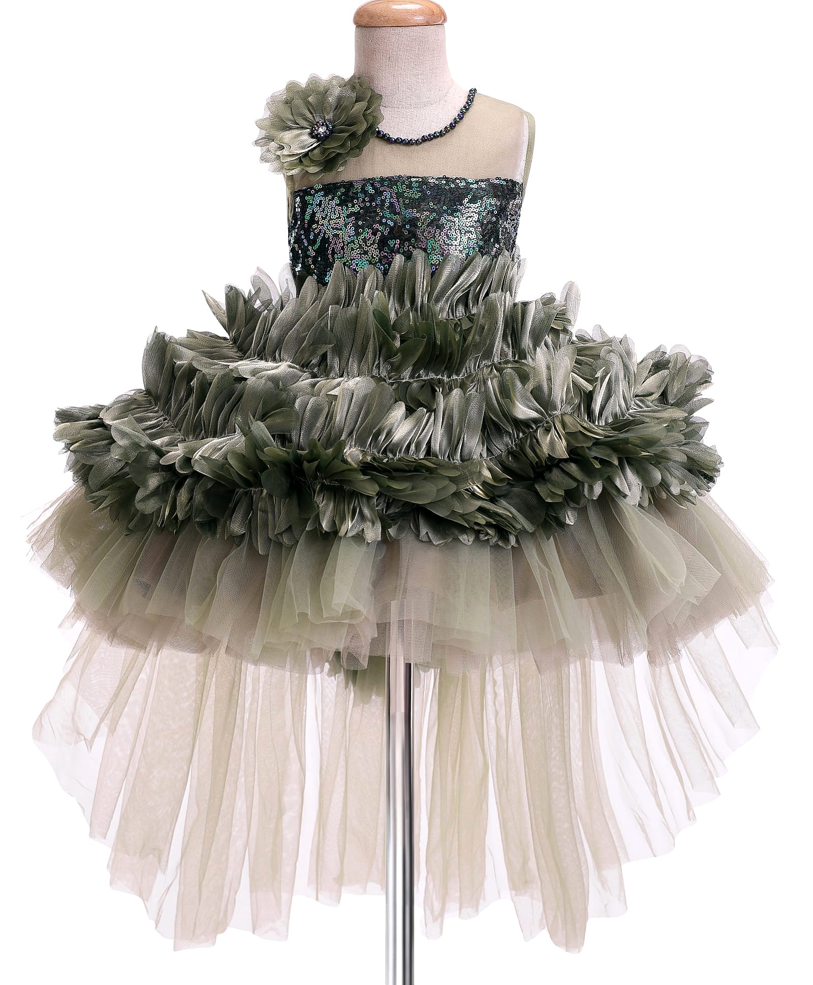 Enfance Sleevleess Floral Applique & Ruffle Detailed Sequins Embellished Knee Length High Low Dress - Mehndi Green-picture-3