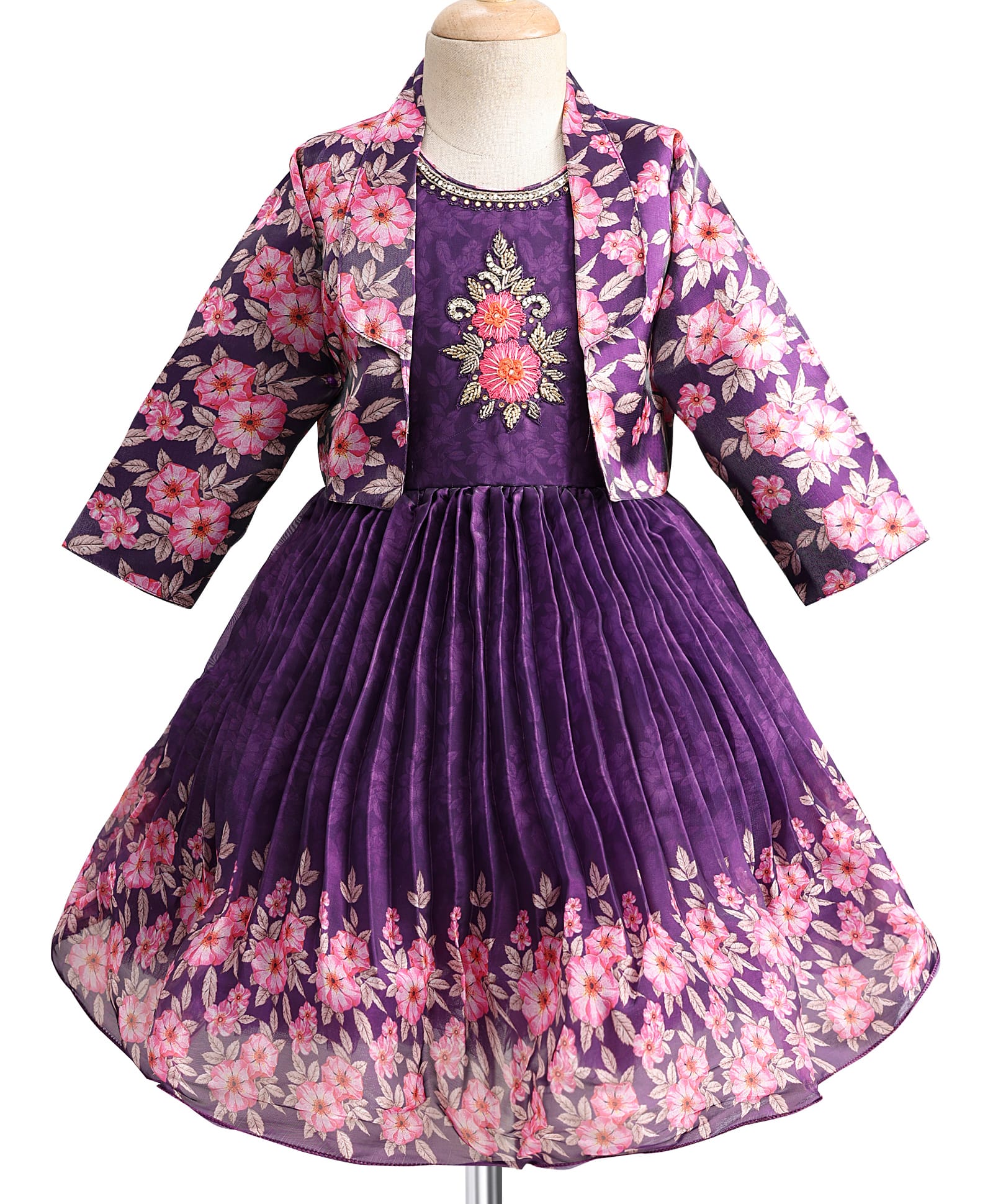 Enfance Floral Embroidered & Sequins Embellished Pleated Dress With Full Sleeves Shrug Set - Purple-image-22