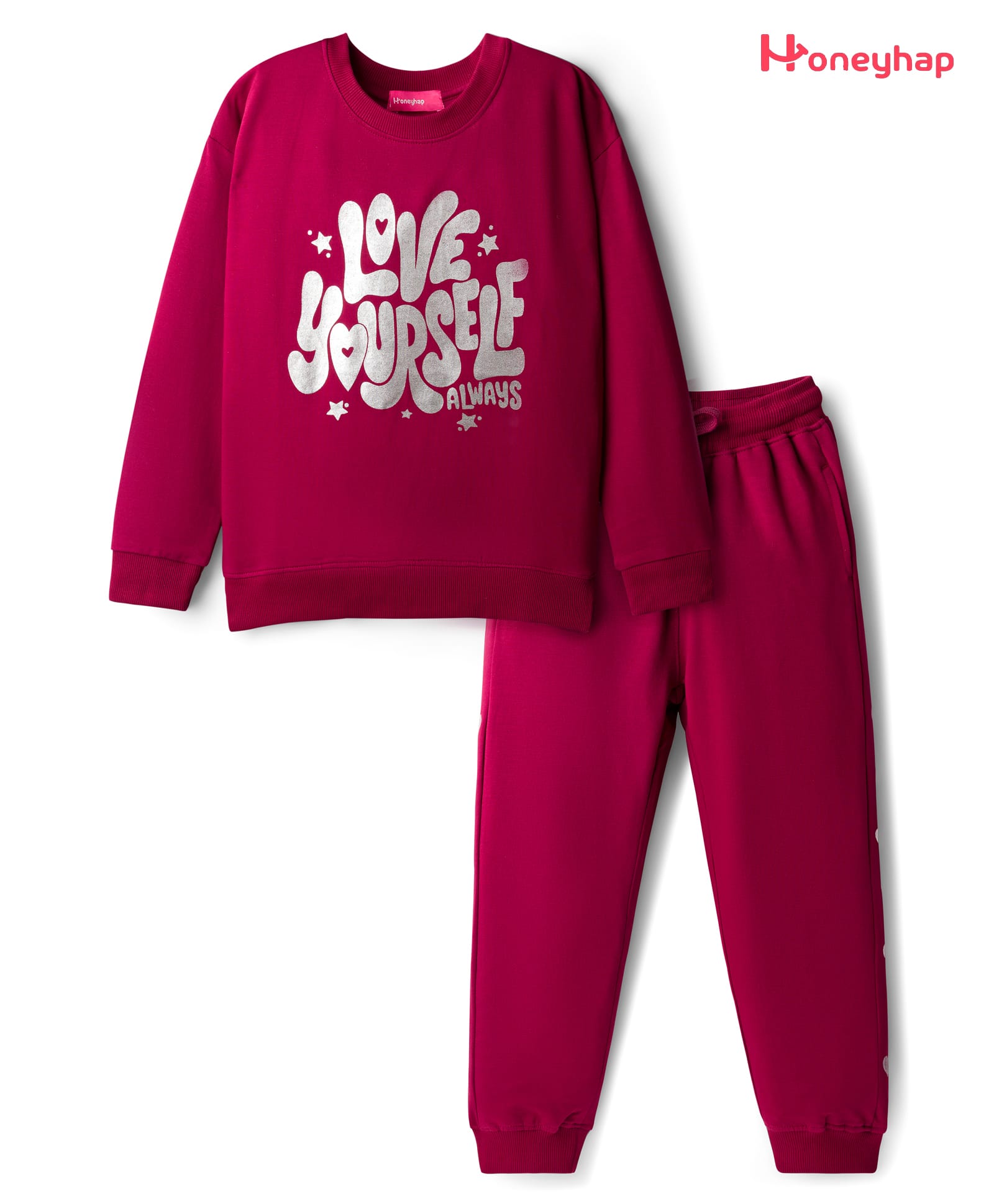 Honeyhap Premium 100% Cotton Terry Knit Winter Wear Suits with Bio Finish & Love Yourself Text Print - Wine-image-43