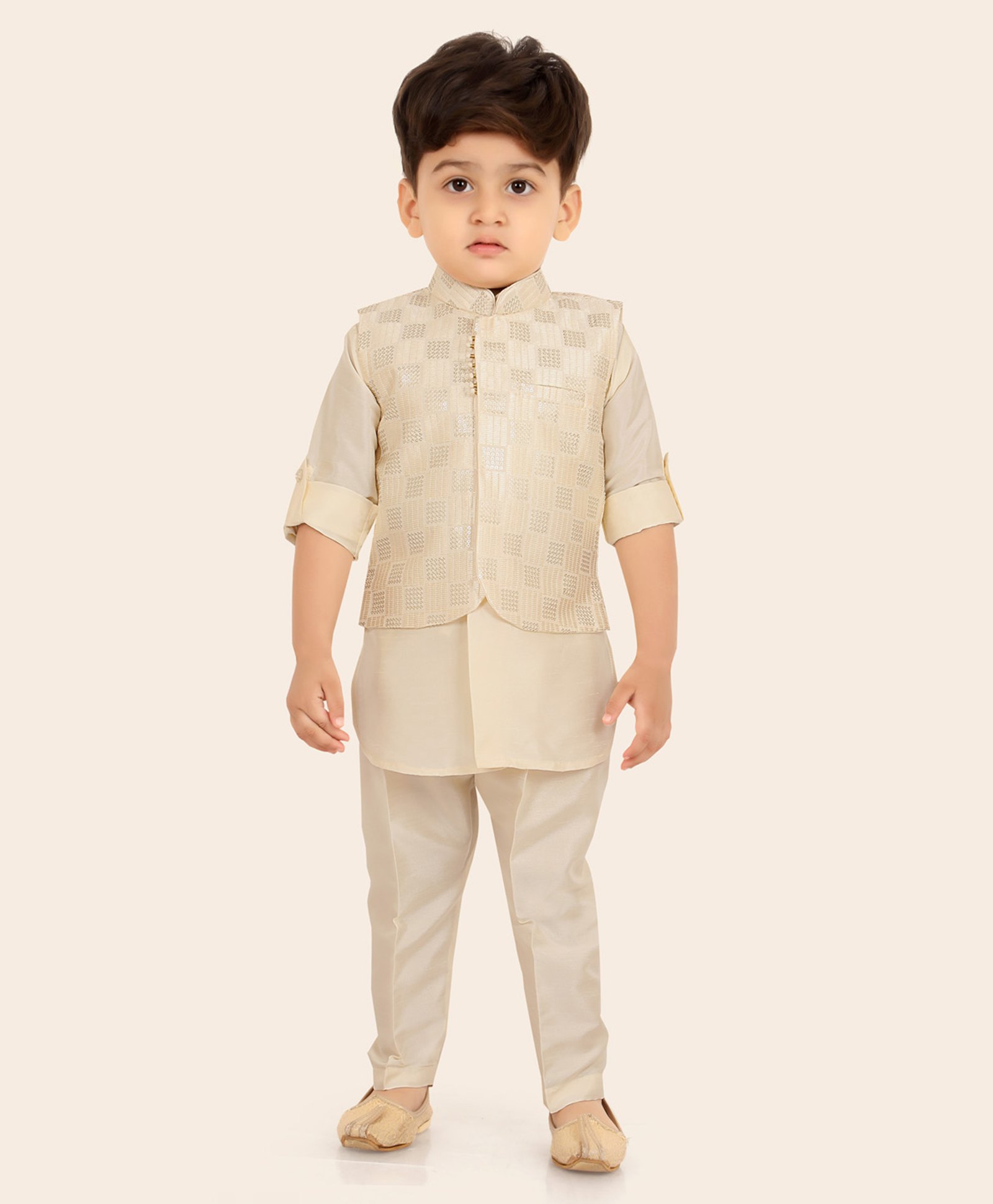 ETHNIKS NEURON Cotton Silk Woven Full Sleeves Solid Kurta Pyjama With Threadwork Embroidered & Sequins Embellished Jacket Set - Cream-picture-15