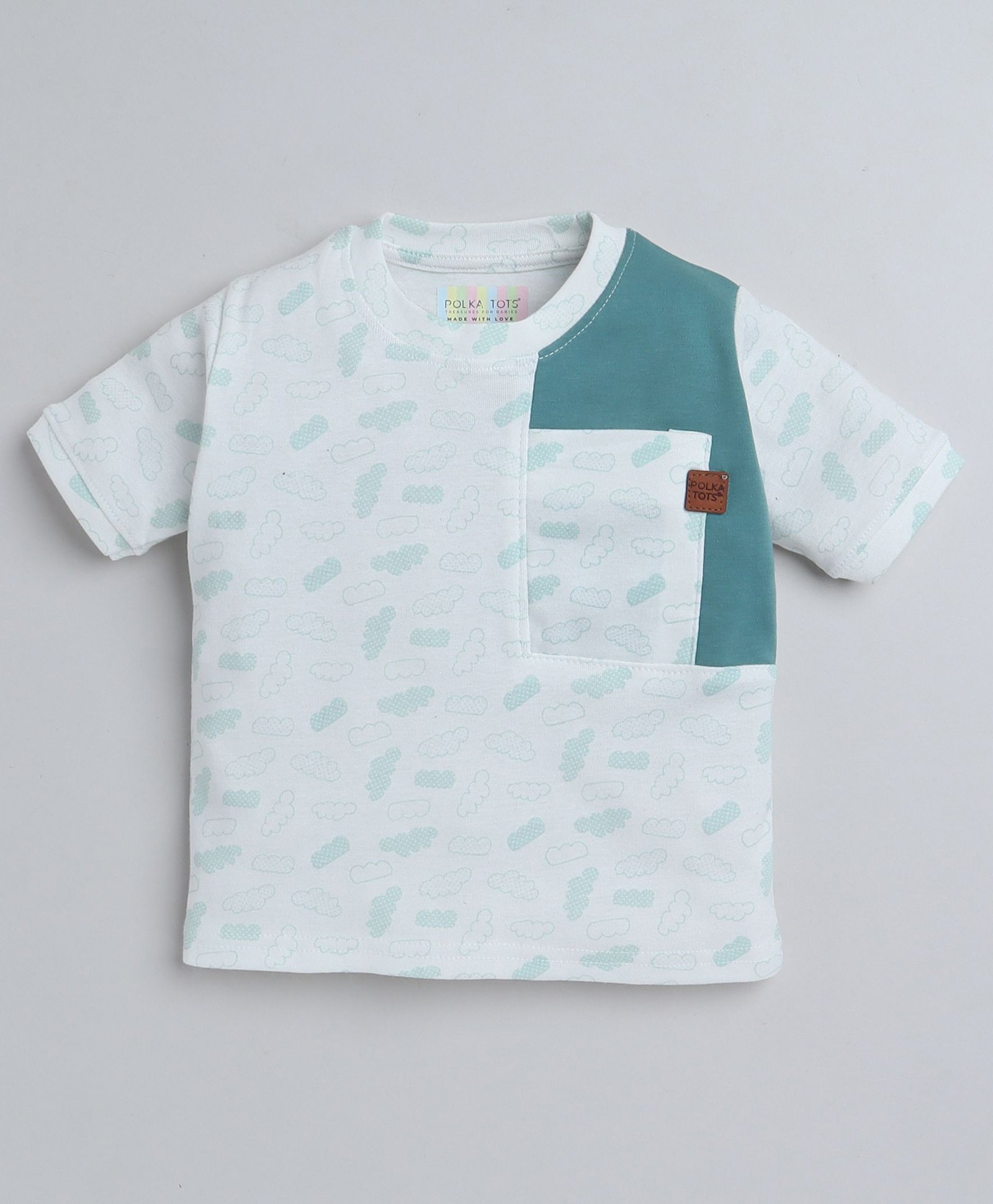 Polka Tots Cotton Knit Half Sleeves Clouds Printed Tee - White-picture-28