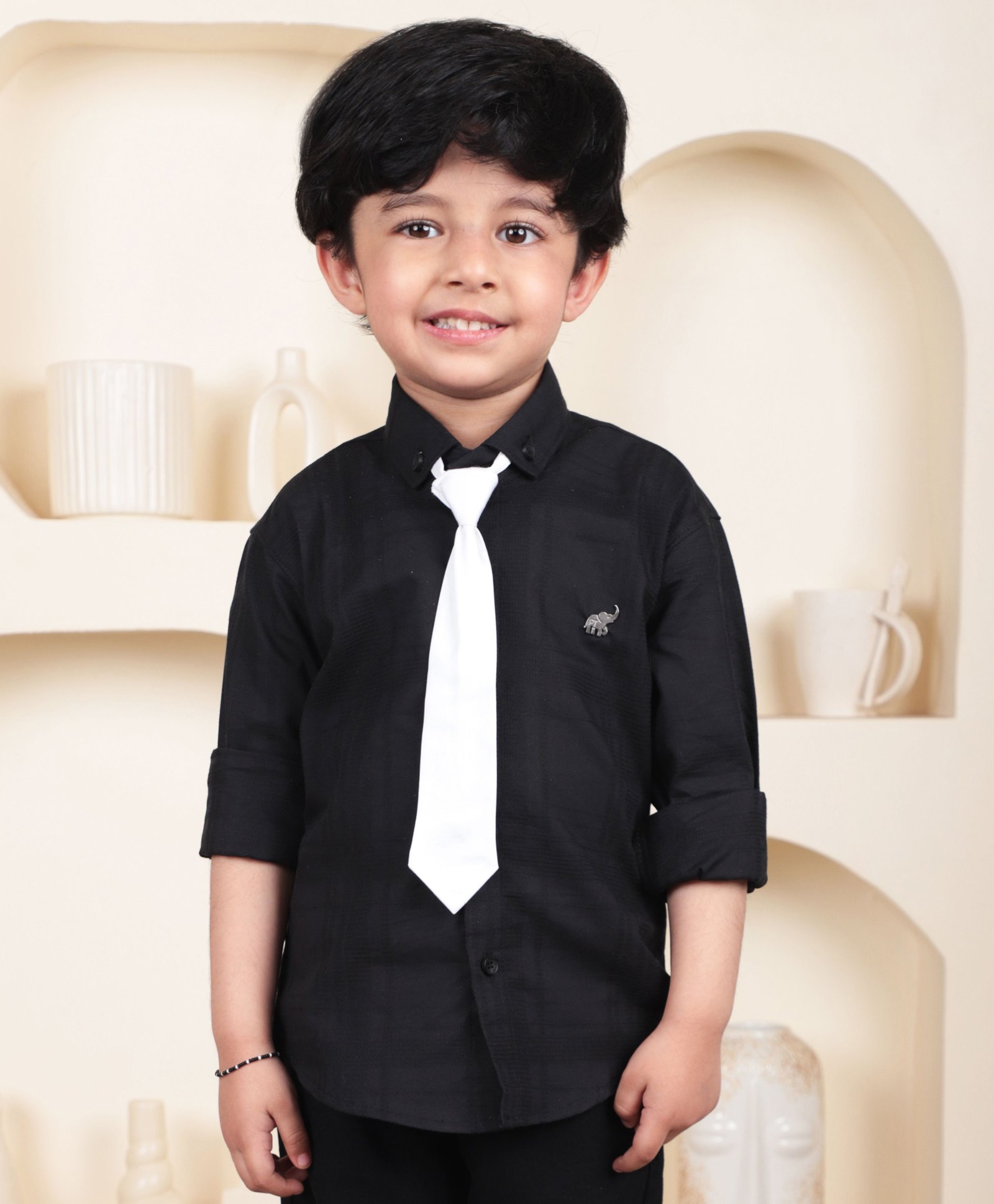 Polka Tots Cotton Woven Full Sleeves Textured Shirt With Tie - Black