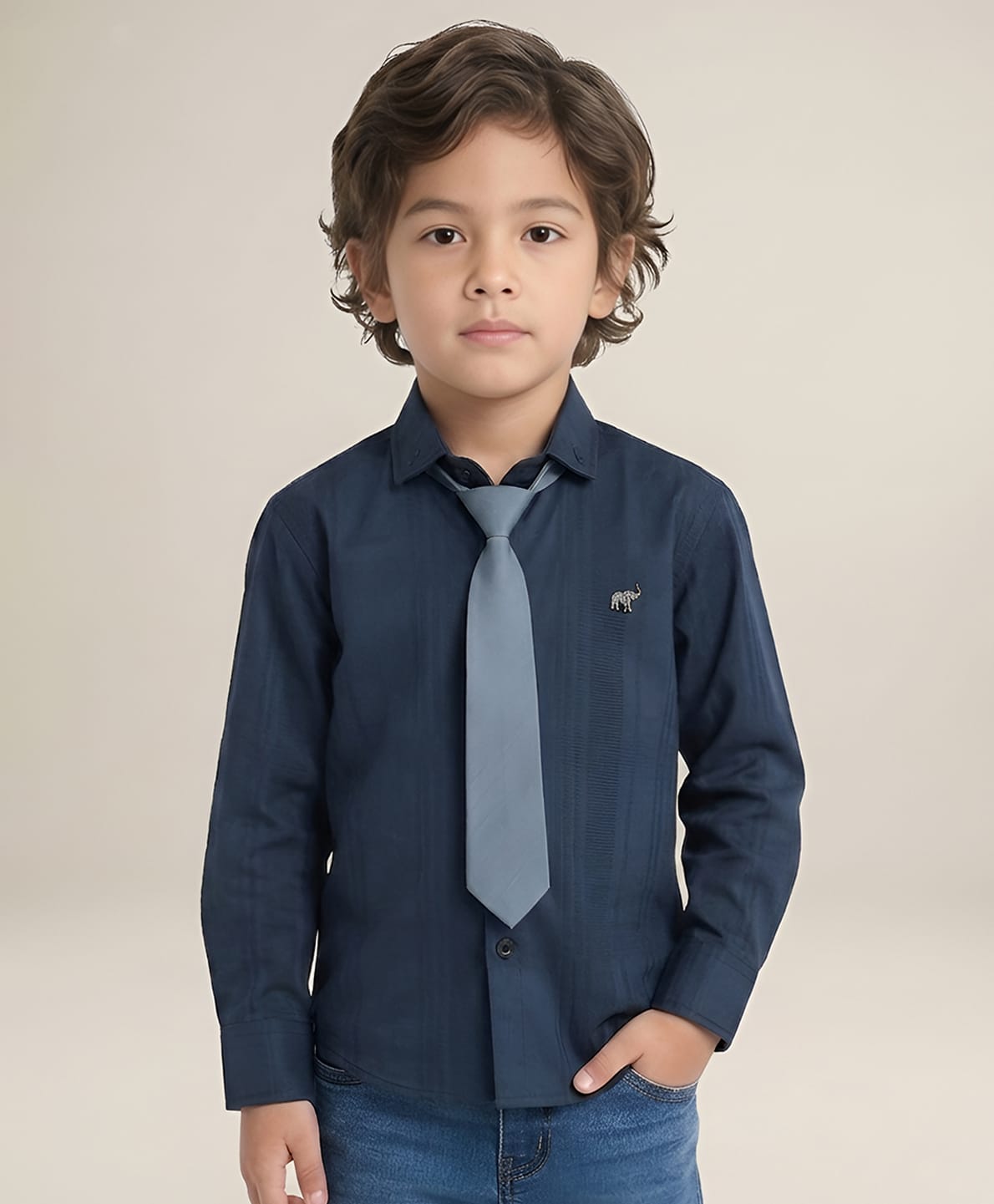 Polka Tots Cotton Woven Full Sleeves Textured Shirt With Tie - Navy Blue-image-2