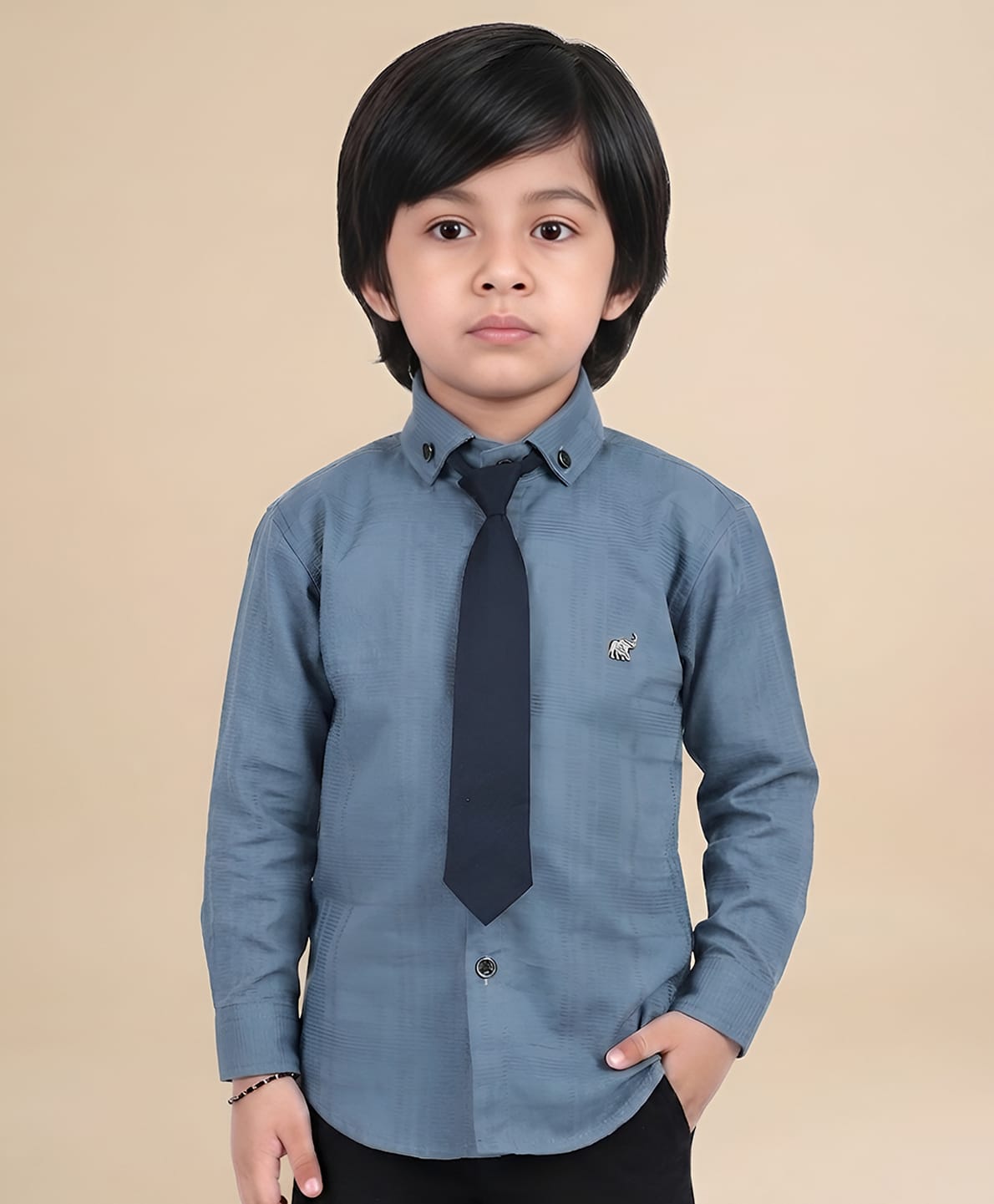 Polka Tots Cotton Woven Full Sleeve Textured Shirt With Tie - Heritage Blue-picture-13