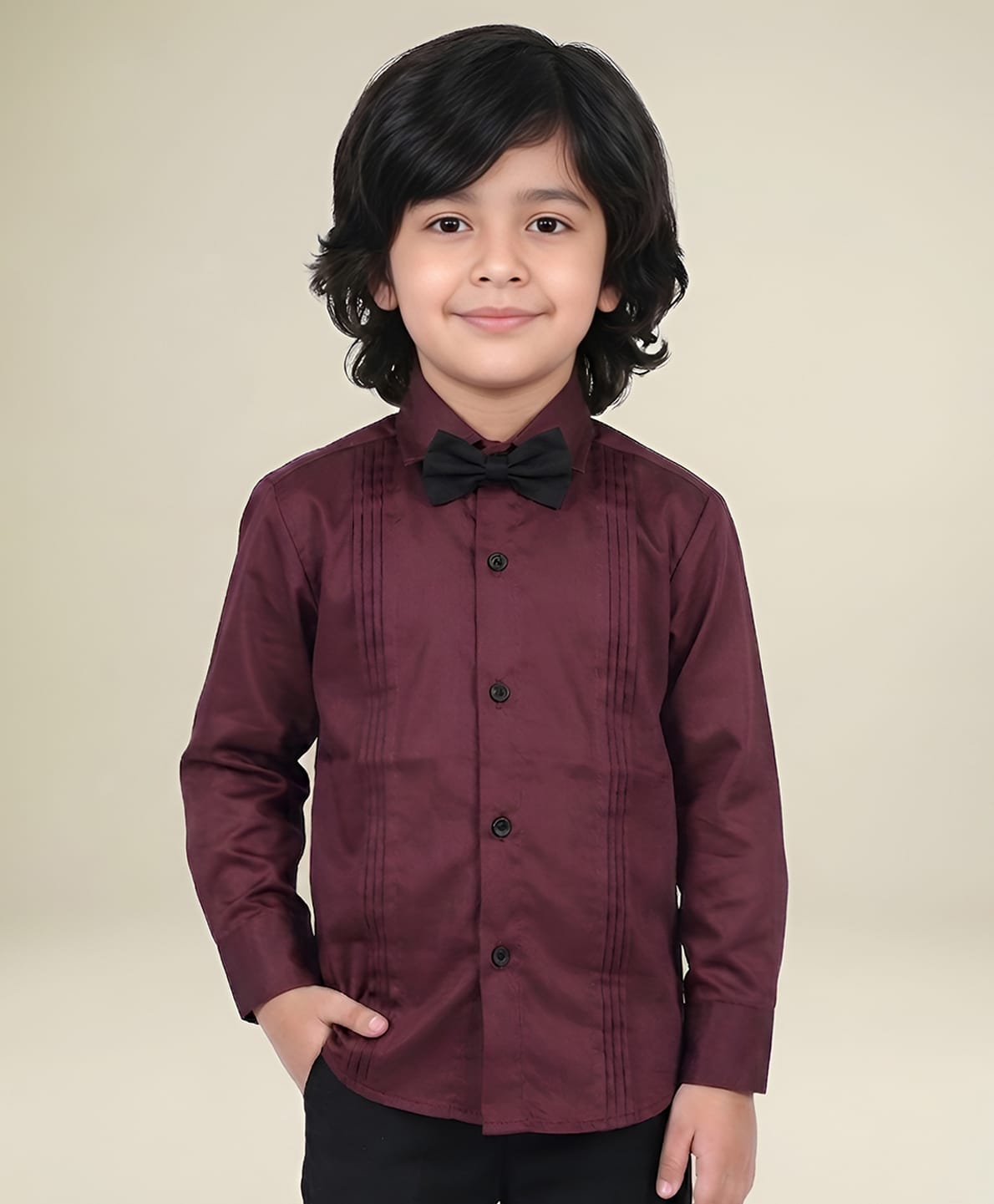 Polka Tots Cotton Woven Full Sleeves Pleated Shirt With Bow - Maroon-picture-33
