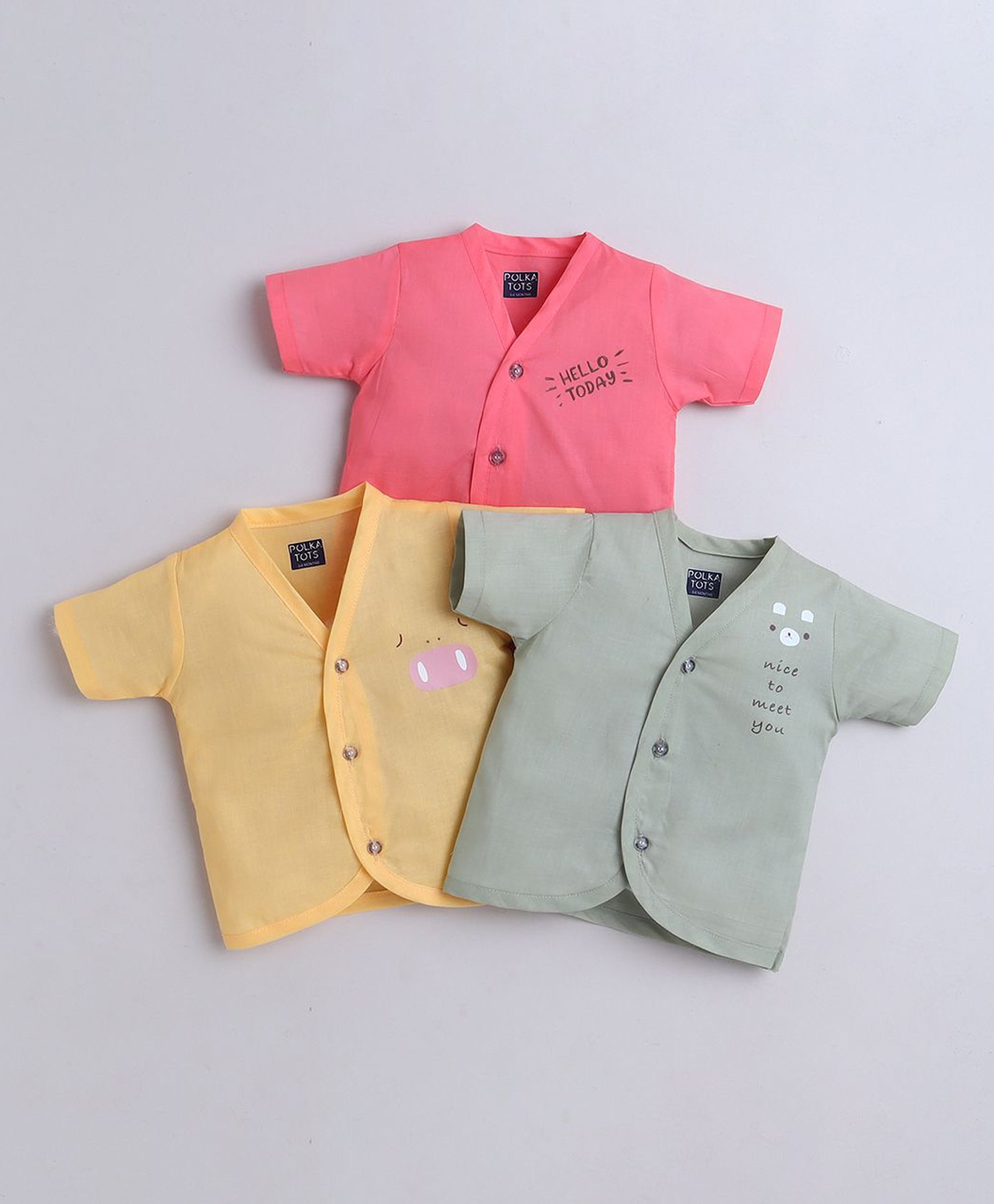 Polka Tots Cotton Woven Pack Of 3 Half Sleeves Typography & Animal Face Printed Jhablas - Pink Yellow & Light Green-picture-11