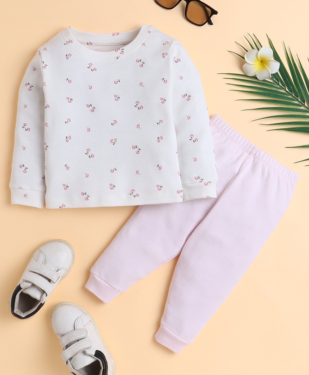 Polka Tots Cotton Knit Full Sleeves Floral Printed Tee With Joggers - Pink-image-36