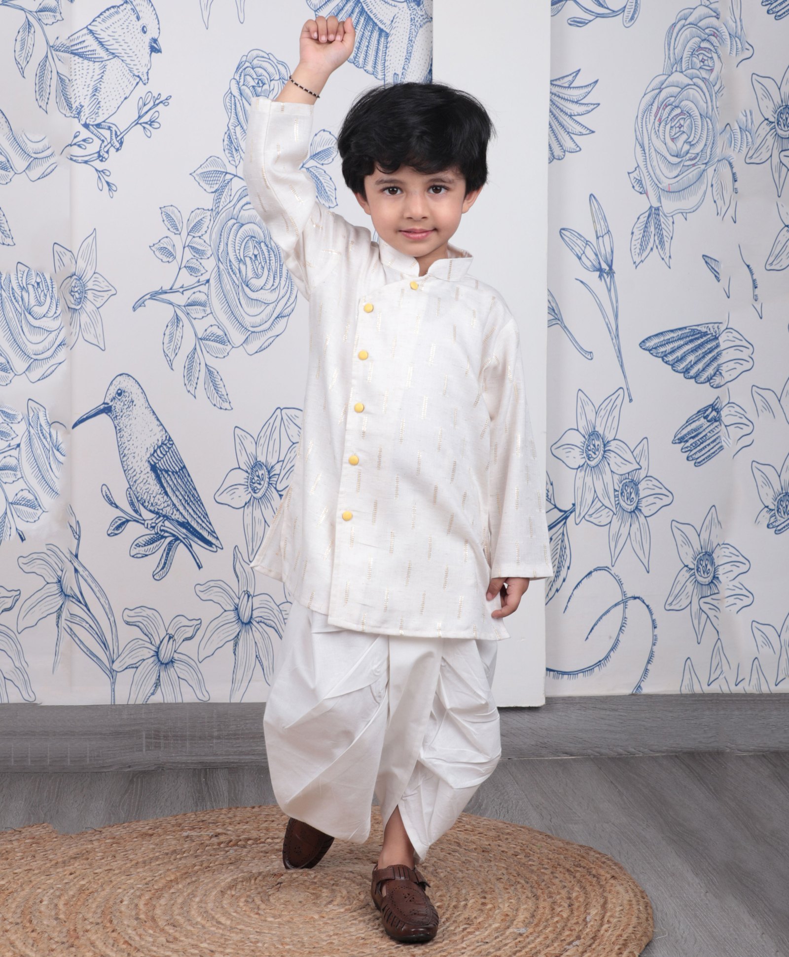 Polka Tots Cotton Woven Full Sleeves Abstract Foil Printed Angrakha Dhoti Kurta - White-picture-26