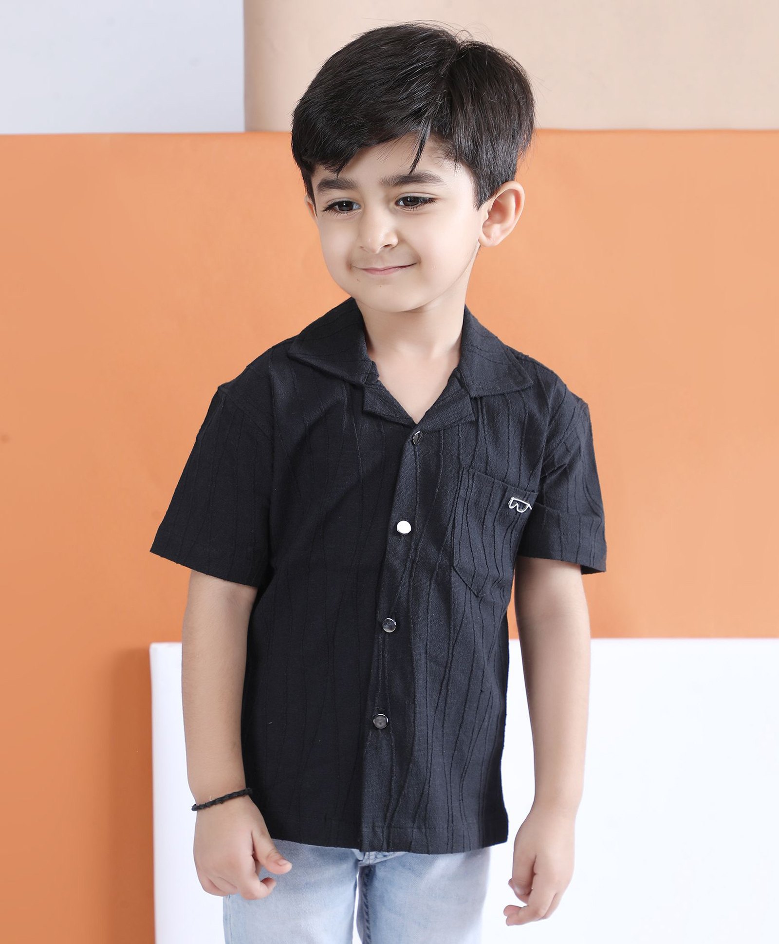 Polka Tots Cotton Woven Half Sleeves Textured Shirt - Black-picture-28