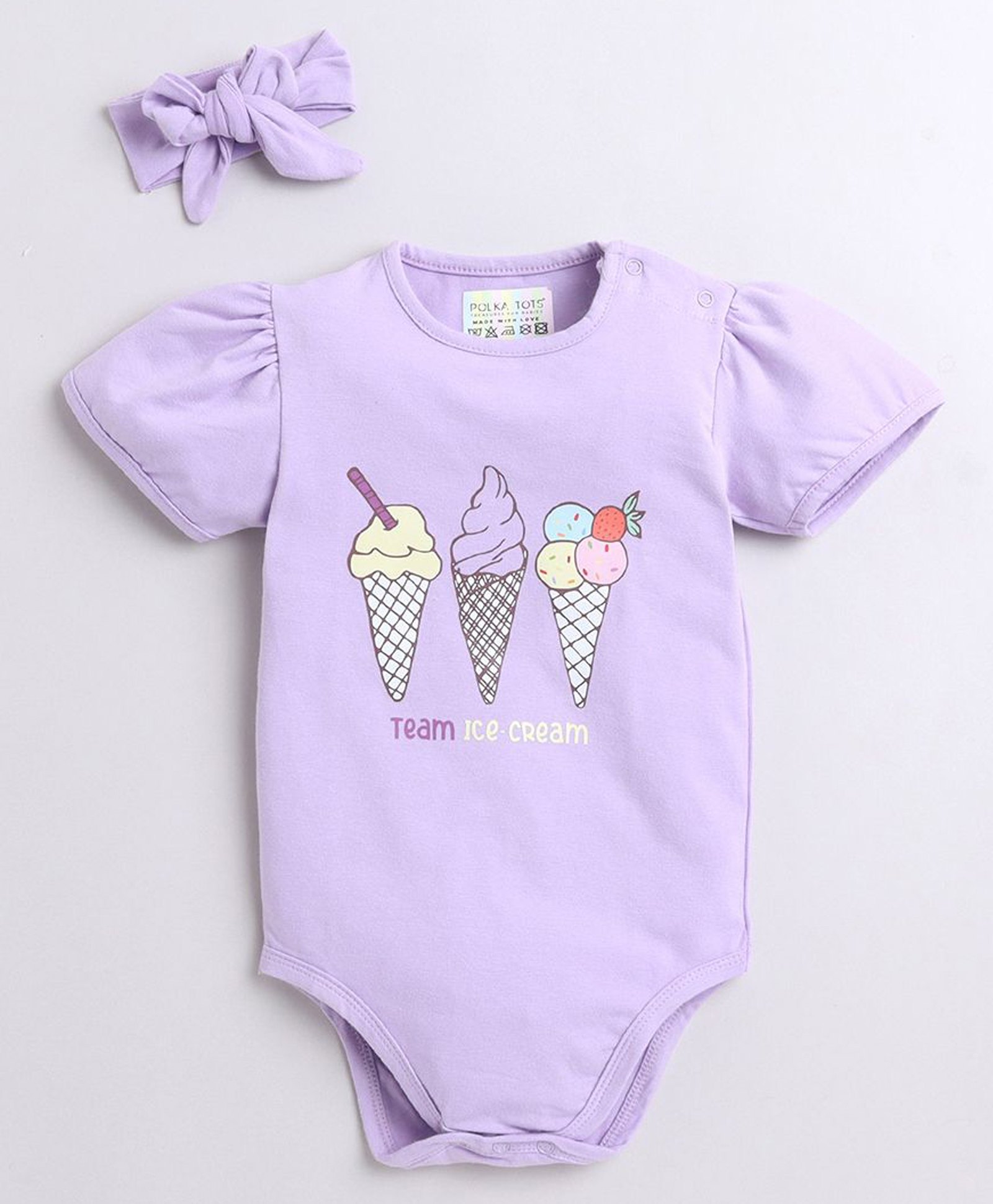 Polka Tots Cotton Knit Half Puffed Sleeves Ice Cream Printed Onesie With Headband Set - Purple-picture-34