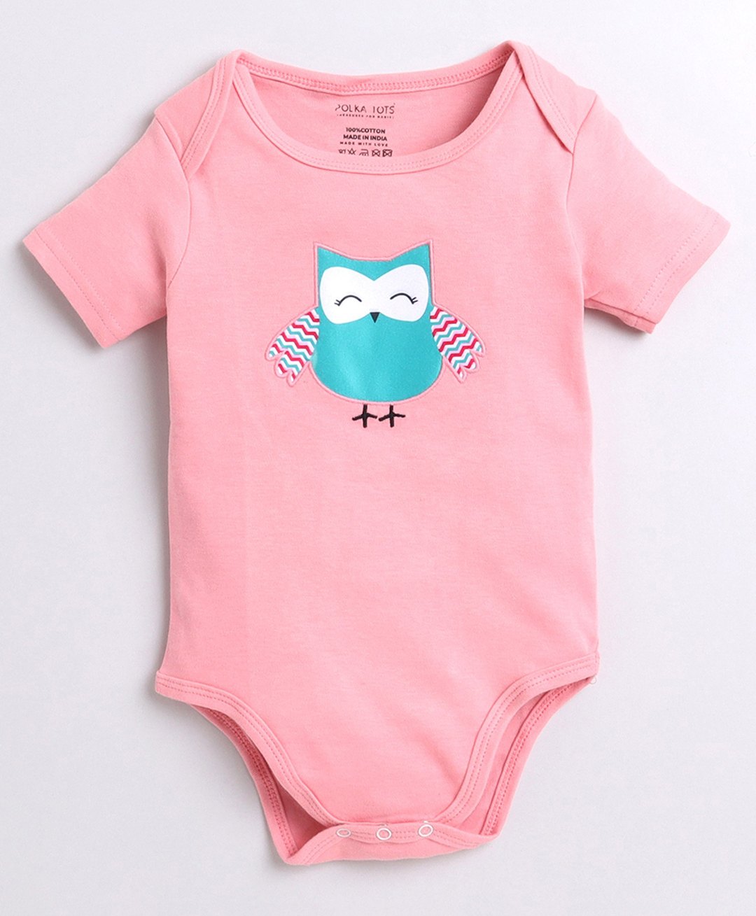 Polka Tots Cotton Knit Half Puffed Sleeves Owl Patch Embroidered Onesie - Pink-picture-33