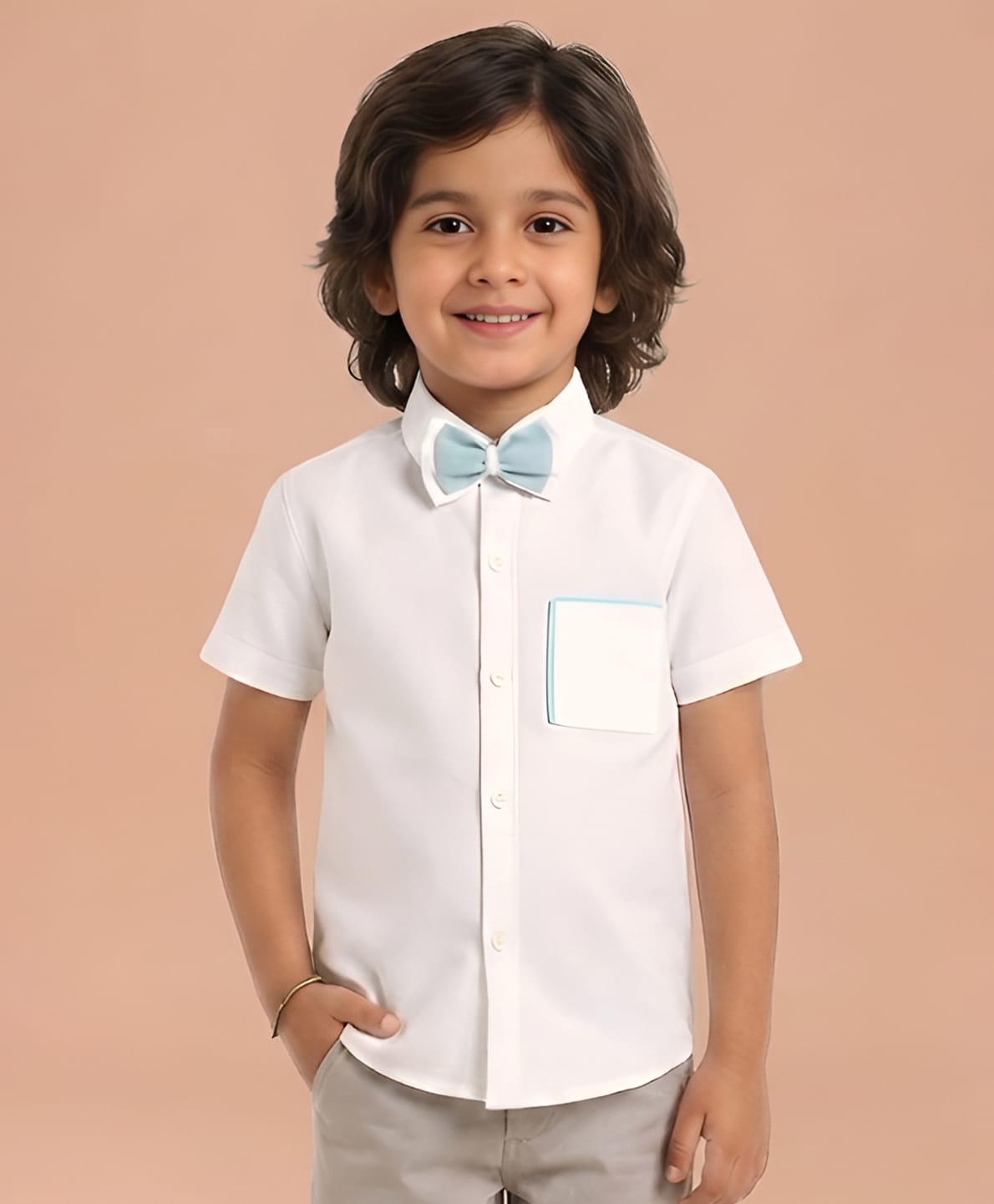 Polka Tots Cotton Woven Half Sleeves Solid Pocket Detailed Shirt With Bow - White-image-21