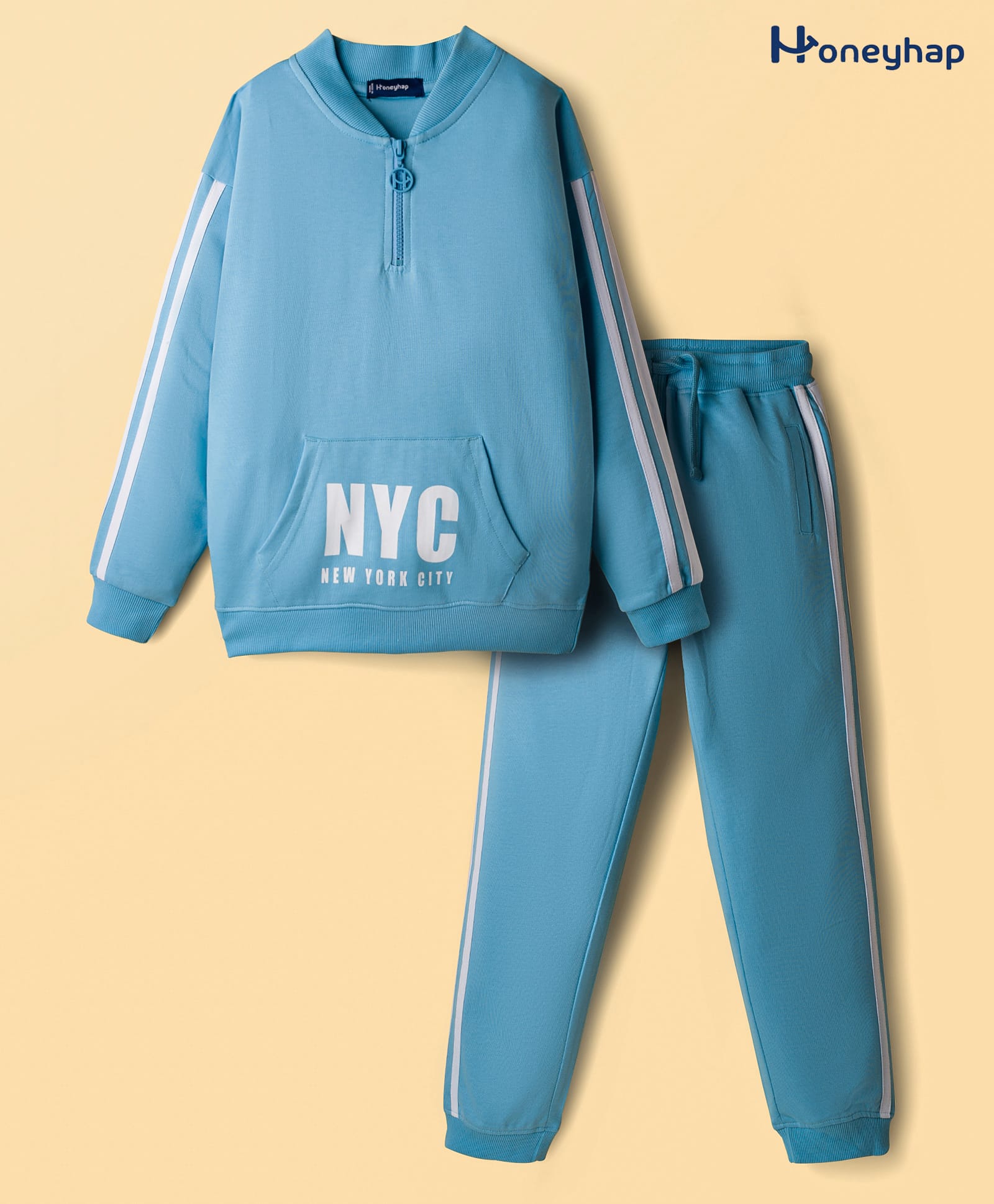 Honeyhap Premium 100% Cotton Terry Full Sleeves Winter Wear T-Shirt & Lounge Pant Set With Bio Finish & Text Print - Light Blue-picture-25