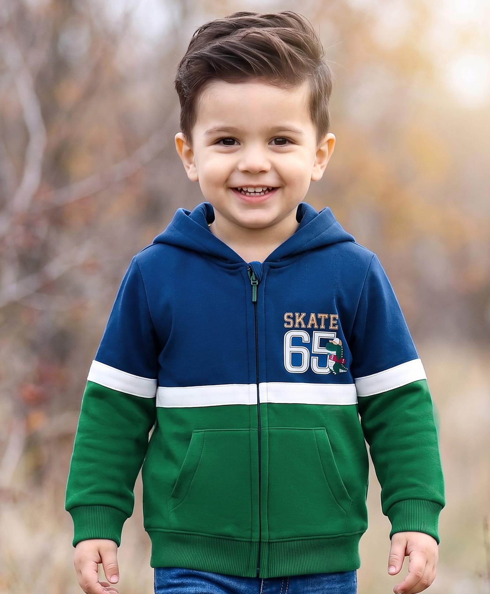 Babyhug Fleece Knit Full Sleeves Hooded Sweatjacket With Dino Print & Kangaroo Pockets - Blue & Green-image-43