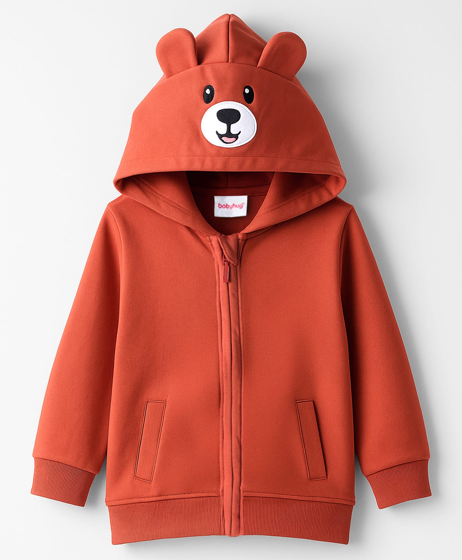 Babyhug Fleece Knit Full Sleeves Hooded Sweatjacket With Teddy Bear Embroidery - Rust Orange-image-32