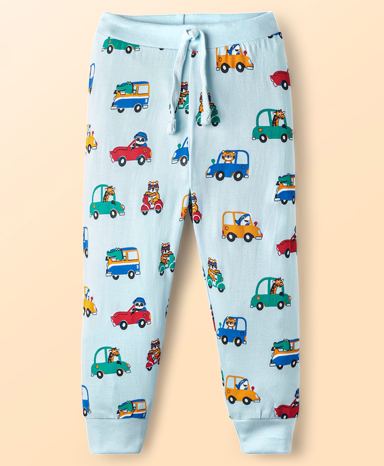 Babyhug Cotton Knit Full Length Lounge Pant With Vehicle Print - Light Blue-picture-11