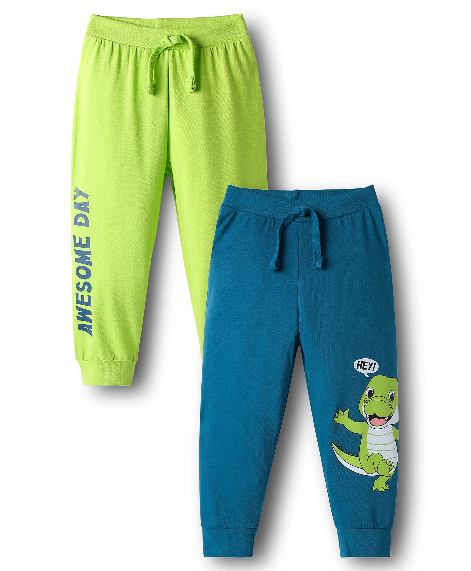 Babyhug Cotton Knit Full Length Dino & Text Printed Lounge Pants Pack Of 2 - Teal Blue & Lime Green-picture-18