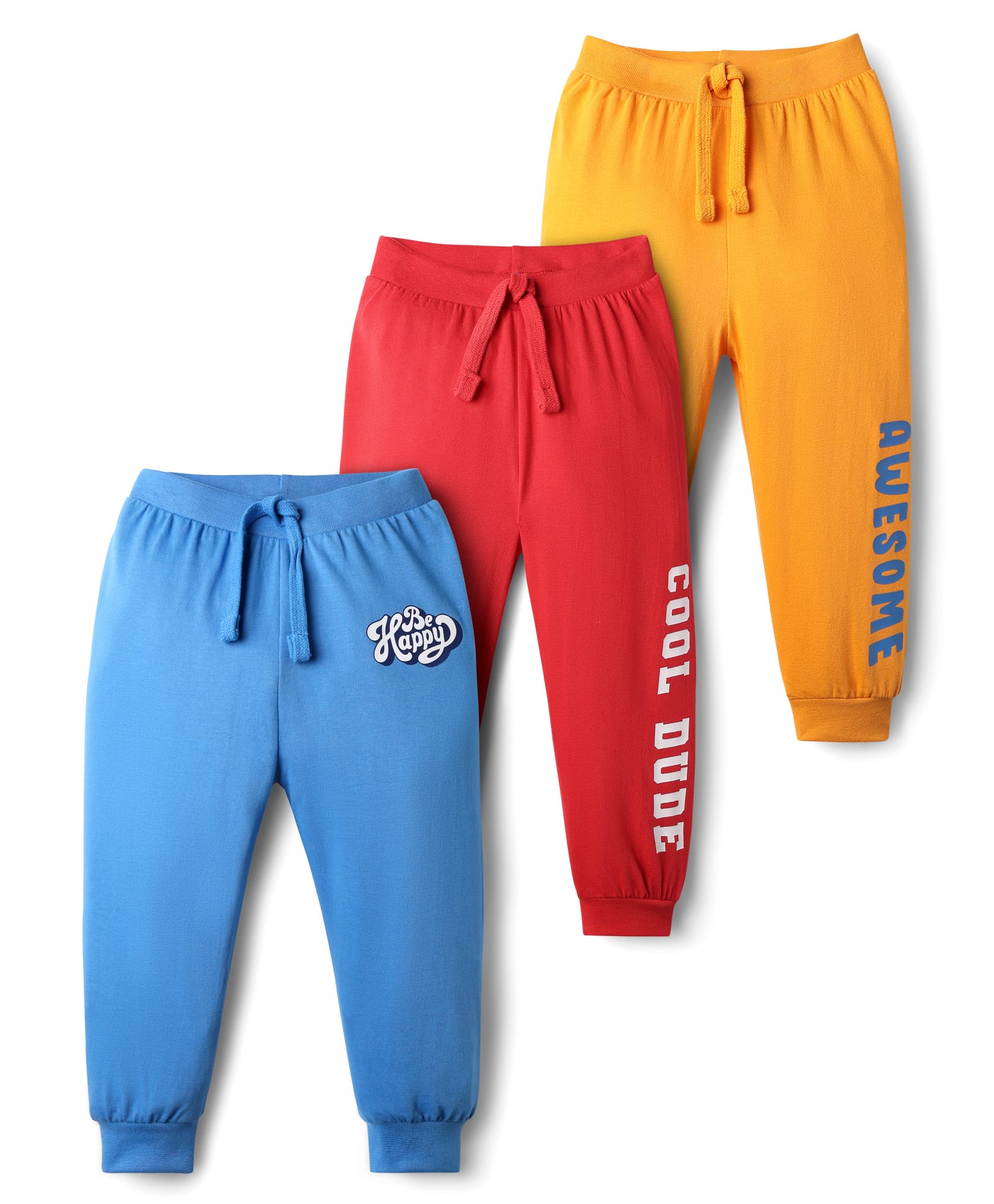 Babyhug Cotton Knit Full Length Lounge Pant with Text Print Pack of 3 - Blue Red & Yellow-image-39