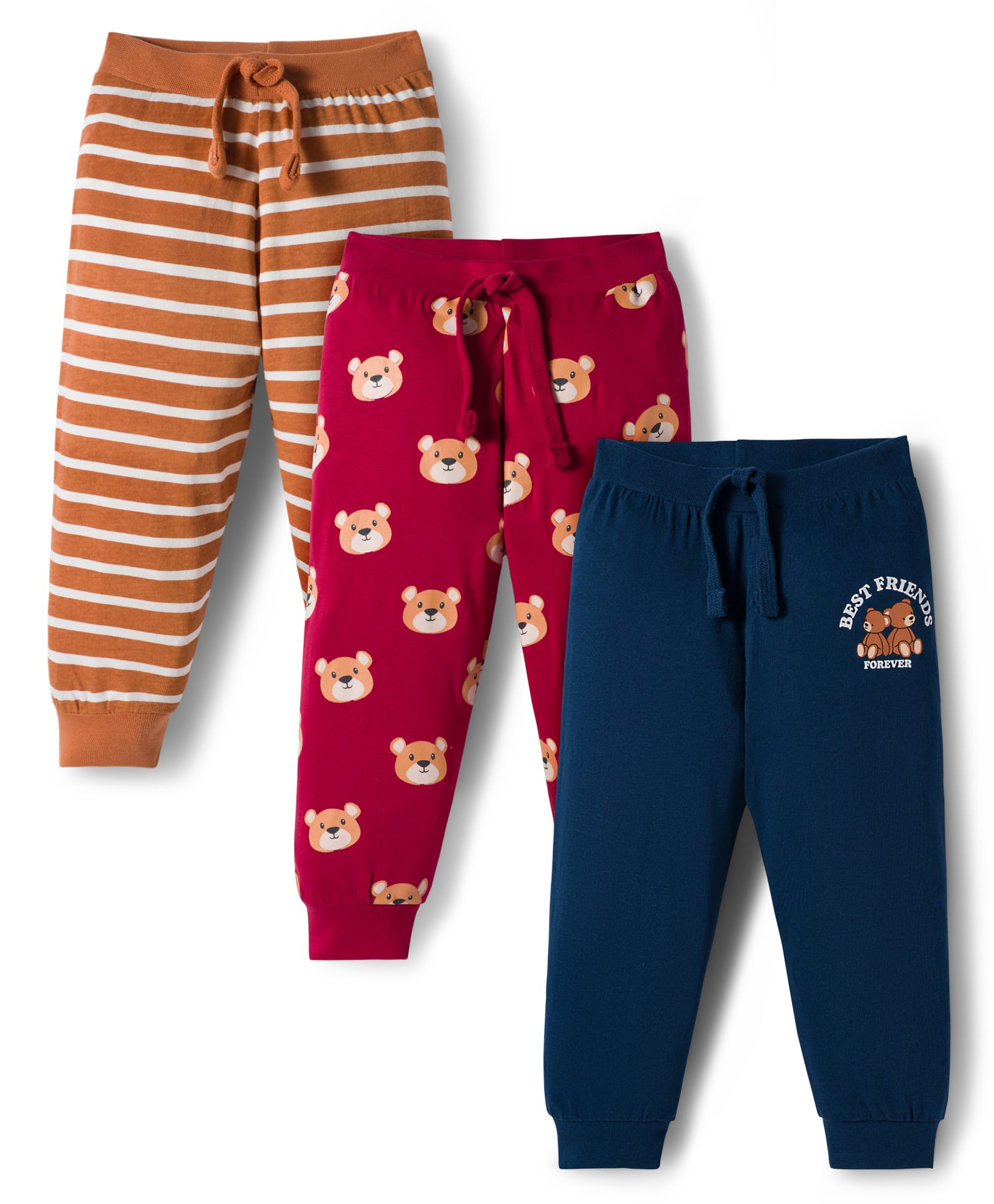 Babyhug Cotton Knit Full Length Lounge Pant With Animal Print Pack Of 3 - Navy Blue Red & Brown-image-36