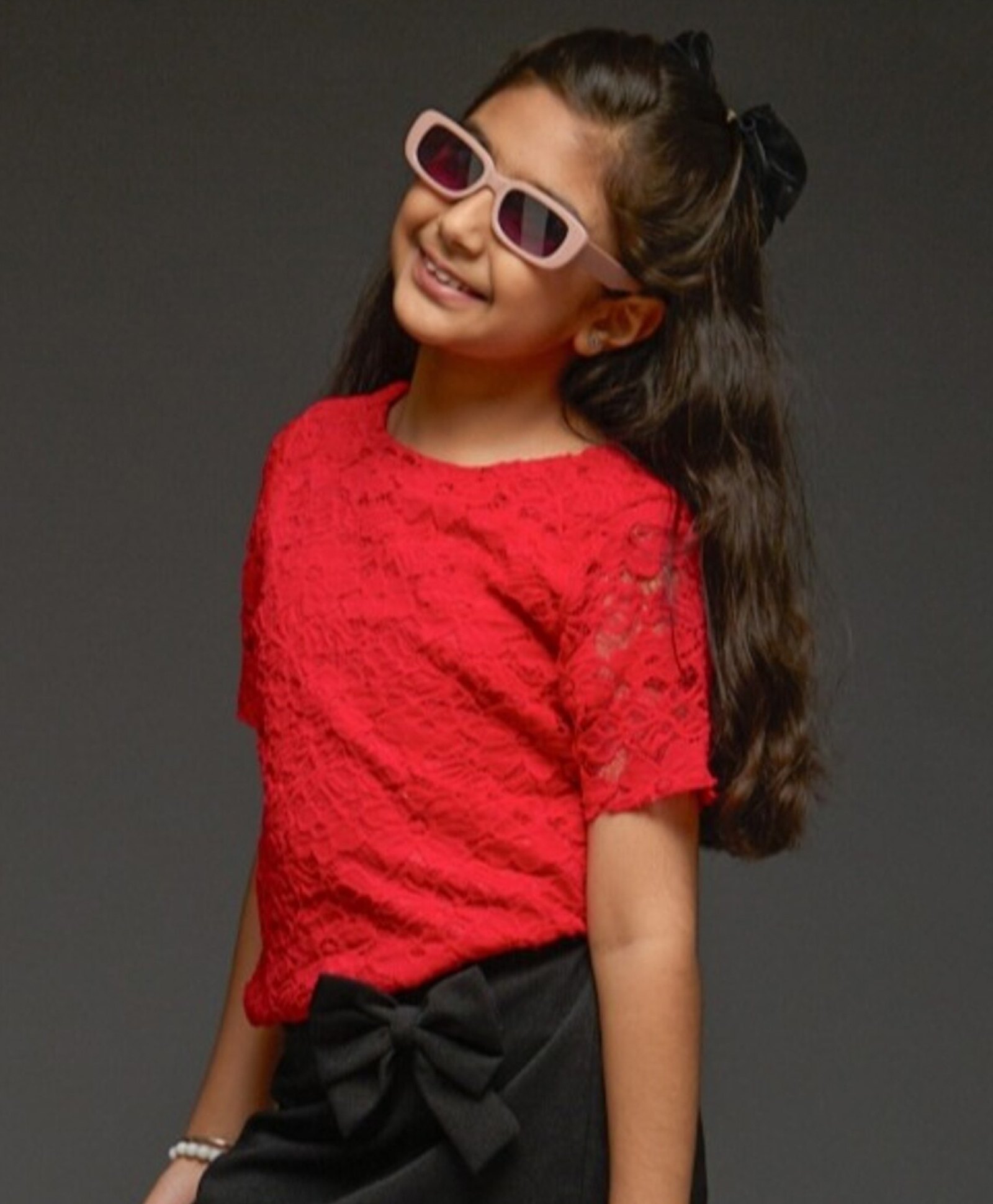 KIDSDEW Woven Half Sleeves Floral Lace Detailed Top - Red-picture-28