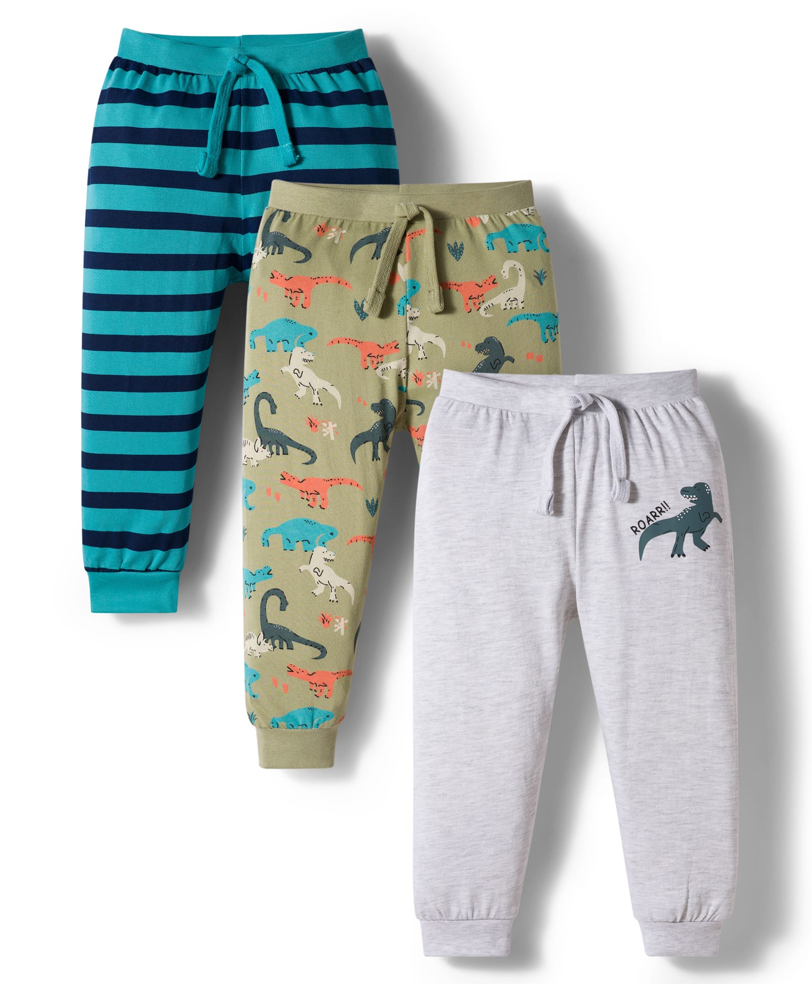 Babyhug Cotton Knit Full Length Lounge Pant With Stripes & Dino Print Pack Of 3 - Aqua Olive Green & Grey-picture-27