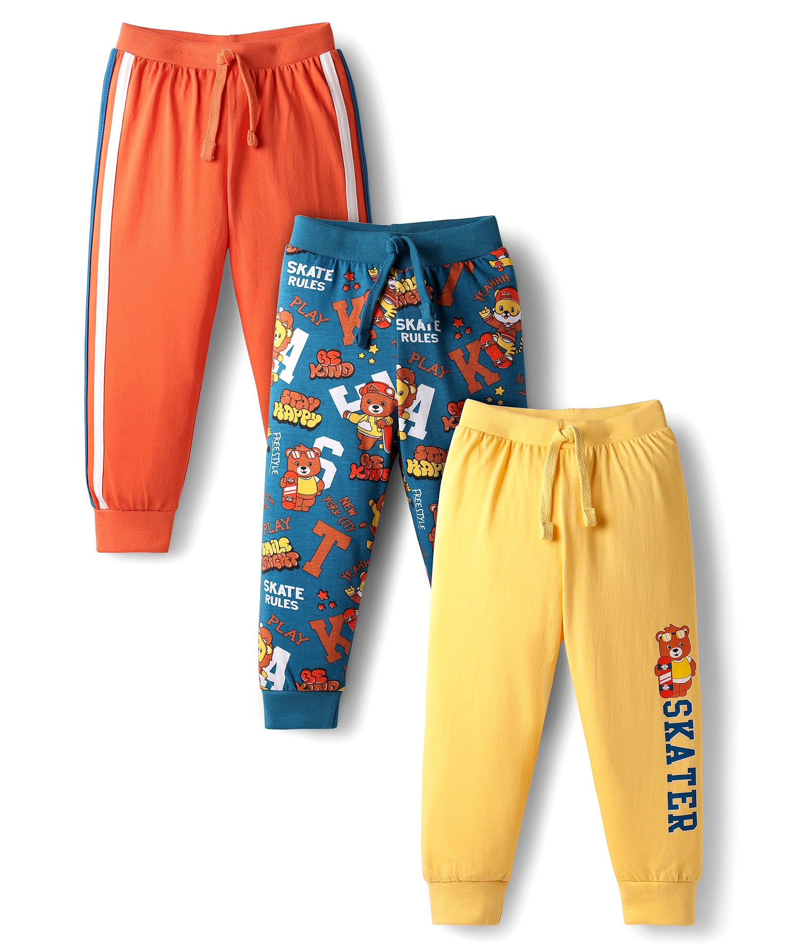 Babyhug Cotton Knit Full Length Lounge Pant with Bear Print & Tape Detailing Pack of 3 - Orange Yellow & Teal Blue-picture-12