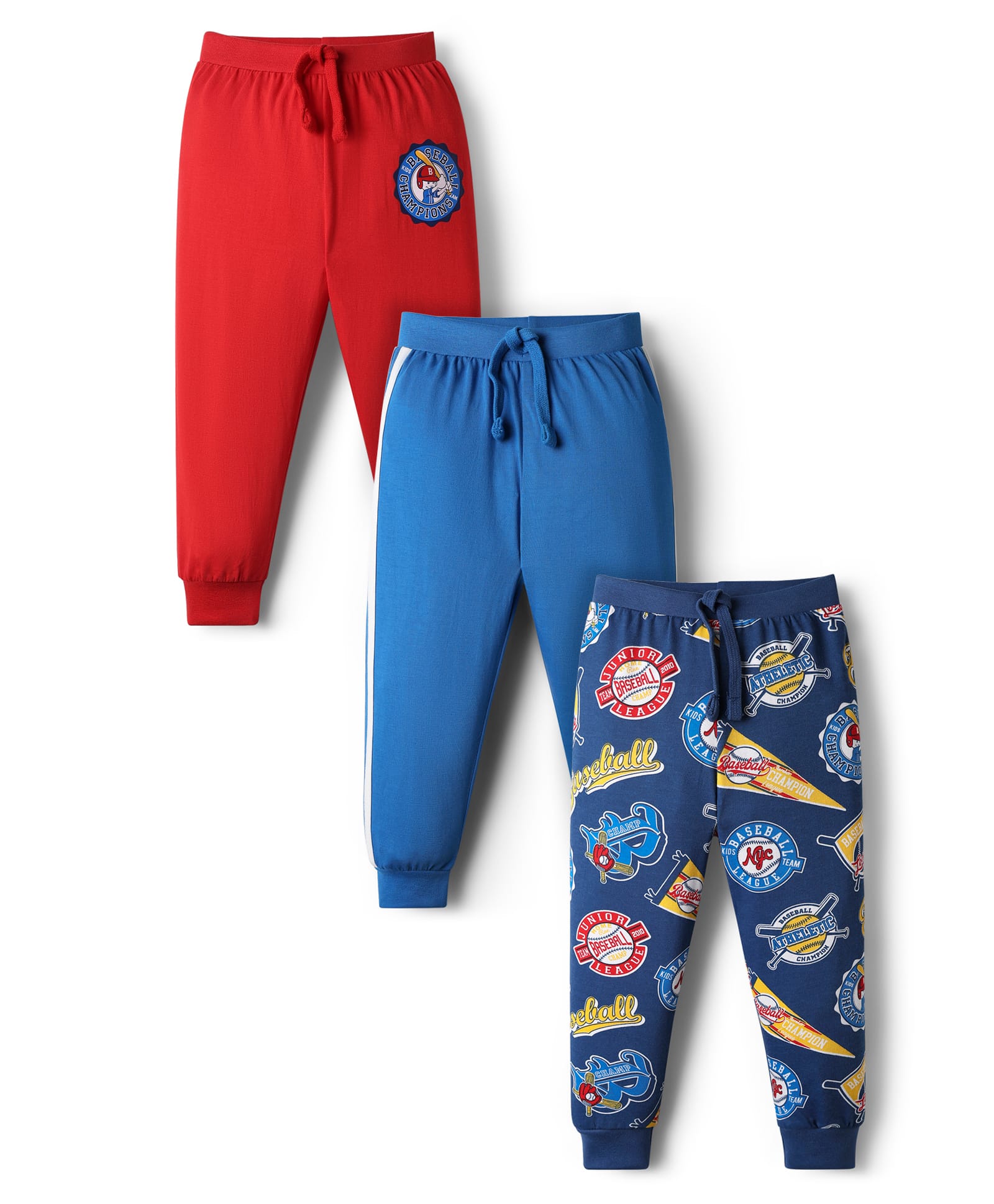 Babyhug Cotton Knit Full Length Lounge Pants With Sport Theme Text Print Pack of 3 - Red Blue & Navy Blue-image-6