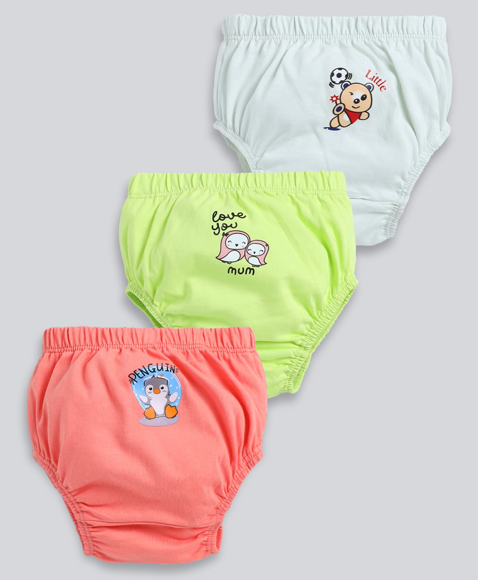 MOONKIDS Cotton Knit Pack Of 3 Cute Baby Animals & Love You Mom Text Printed Bloomers - Coral Beige & Green-image-48