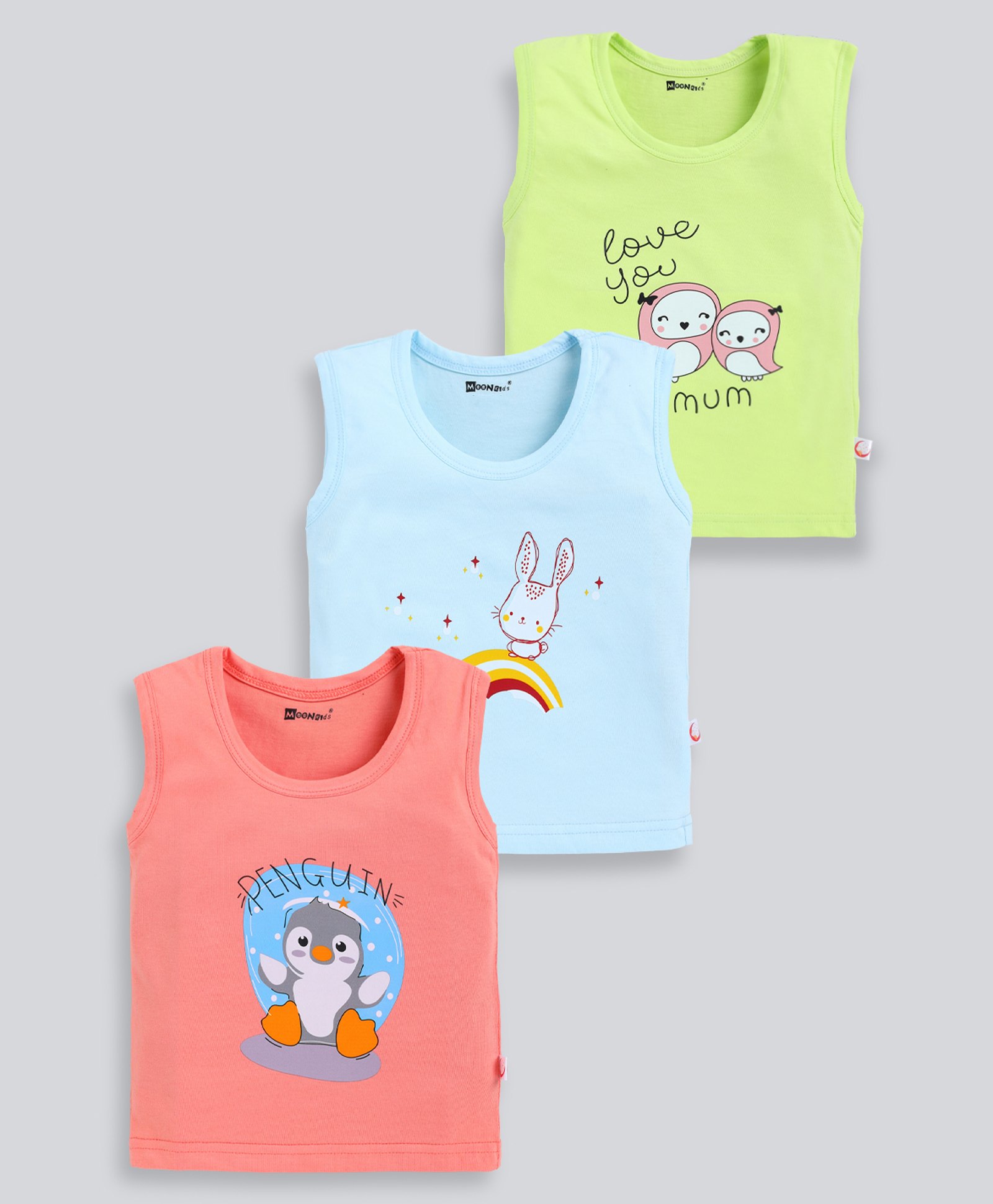 MOONKIDS Cotton Knit Pack Of 3 Cute Baby Animals & Birds Printed Vest - Coral Sky Blue & Green-image-46