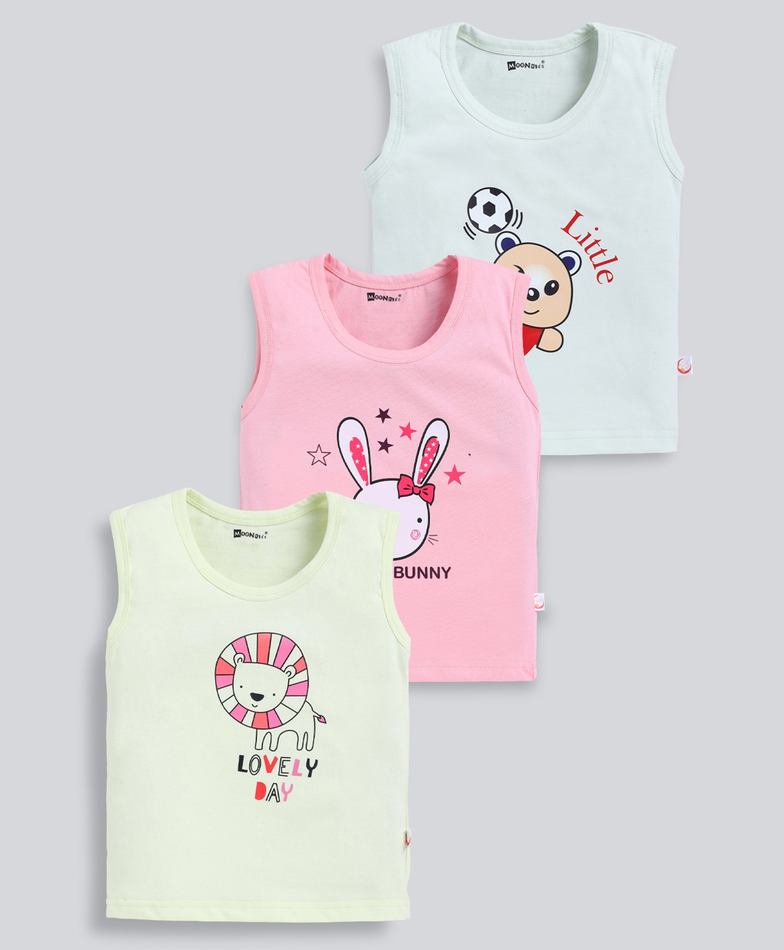 MOONKIDS Cotton Knit Pack Of 3 Cute Baby Animals & Lovely Day Text Printed Vest - Pink Lime & Light Pista-image-45