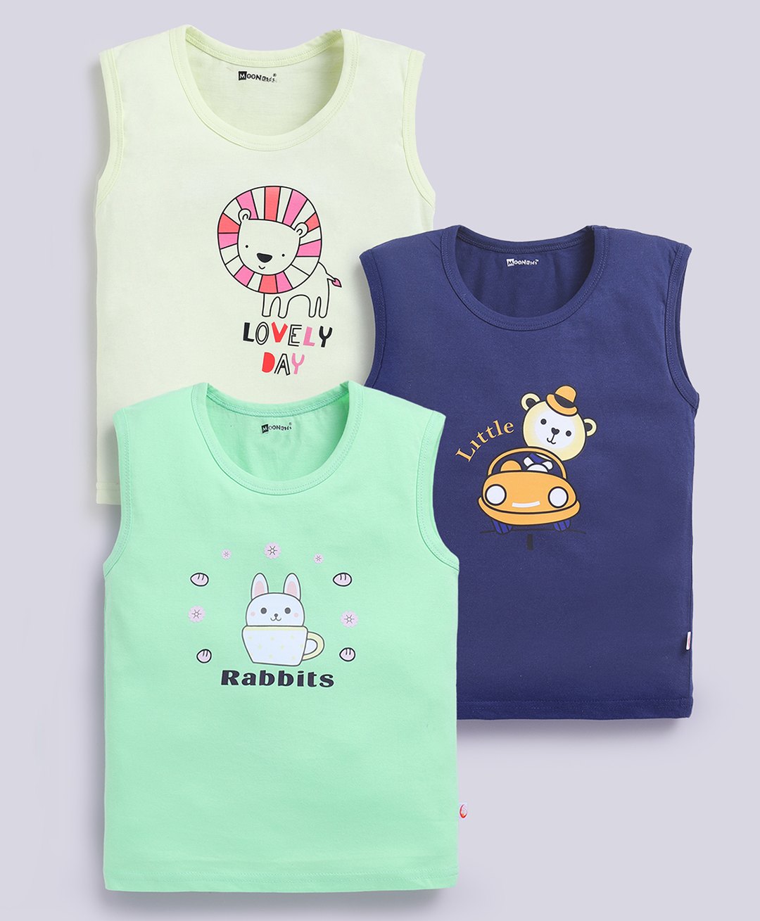 MOONKIDS Cotton Knit Pack Of 3 Cute Baby Animals & Lovely Day Text Printed Vest - Mint Green Lime & Navy Blue-image-13