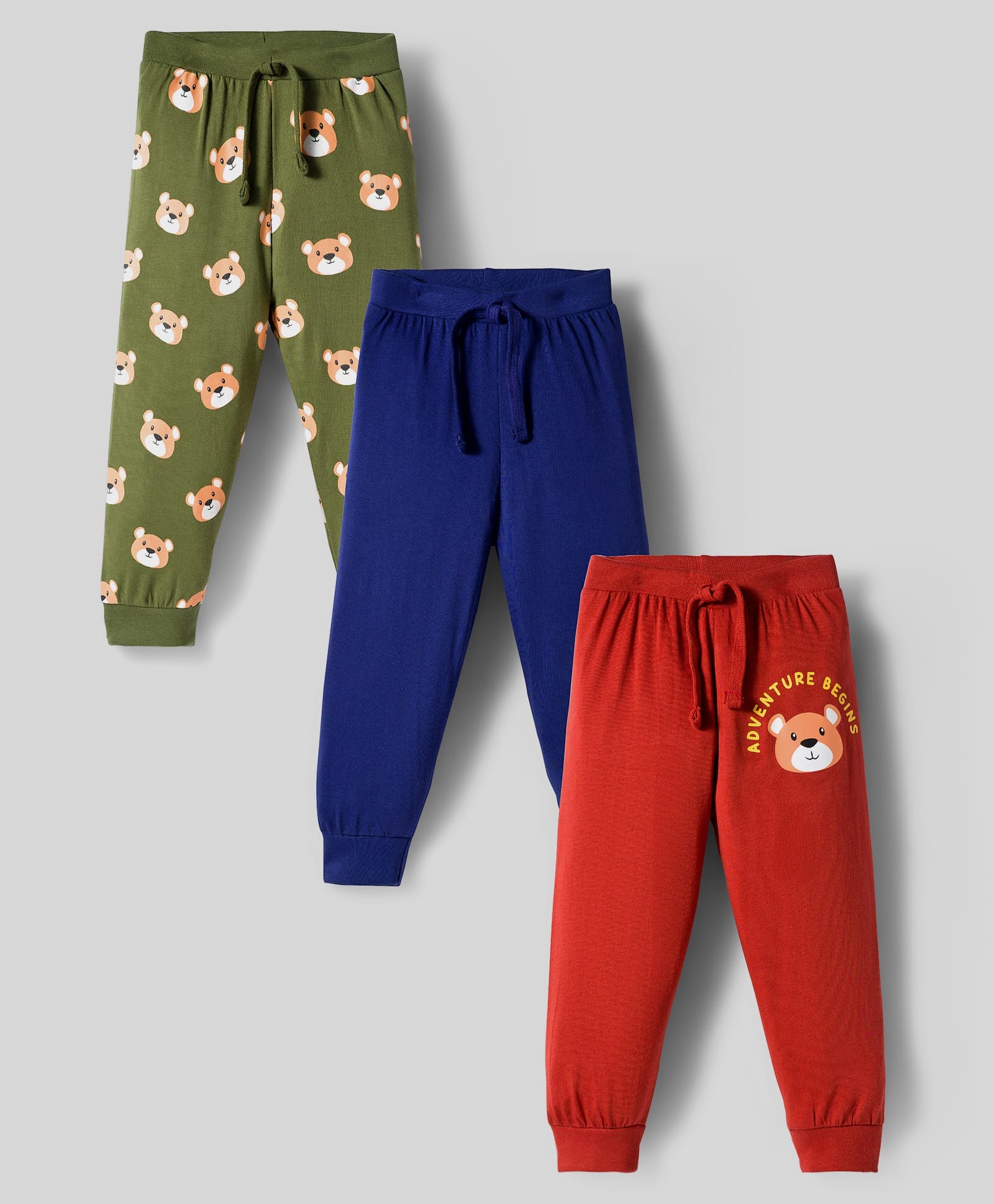 Babyhug Cotton Knit Full Length Lounge Pants with Teddy Bear Print Pack of 3 - Red Blue & Olive Green-image-49