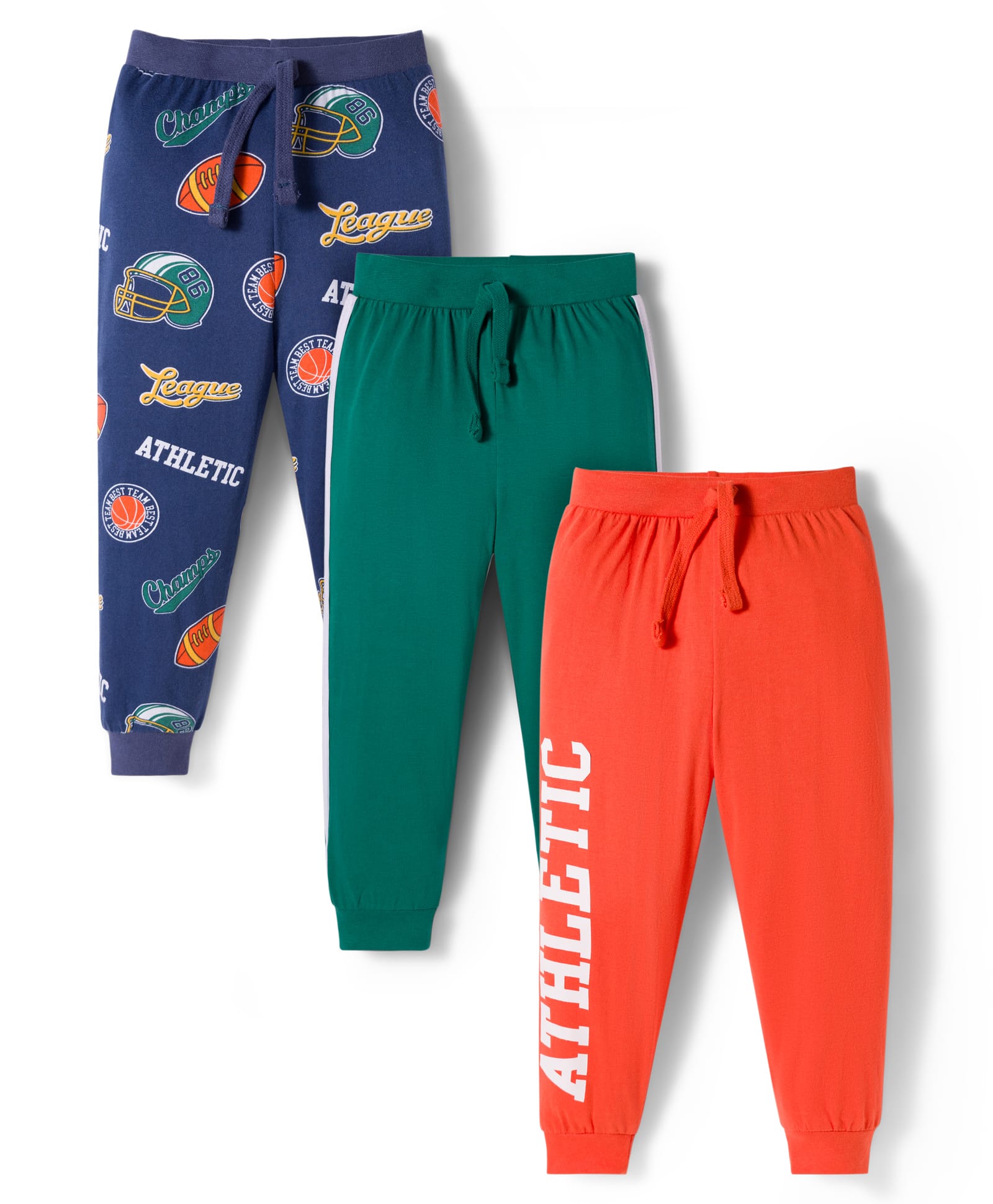 Babyhug Cotton Knit Full Length Lounge Pants with Sport Theme Tape Detailing & Athletic Text Print Pack of 3 - Navy Blue Orange & Dark Green-image-10