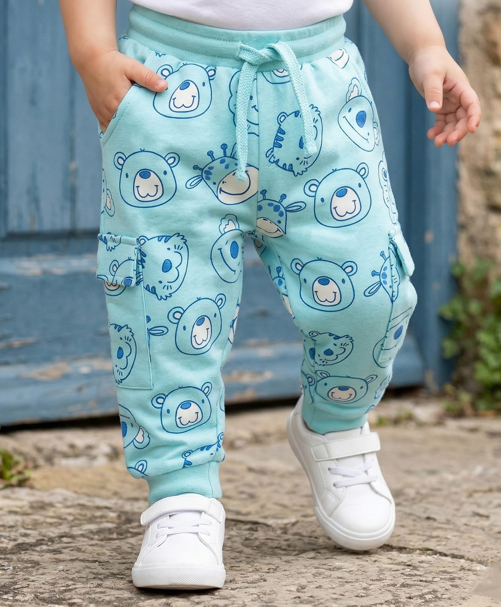 Babyoye 100% Cotton Terry Knit Full Length Lounge Pant with Animal Print - Light Blue-picture-26