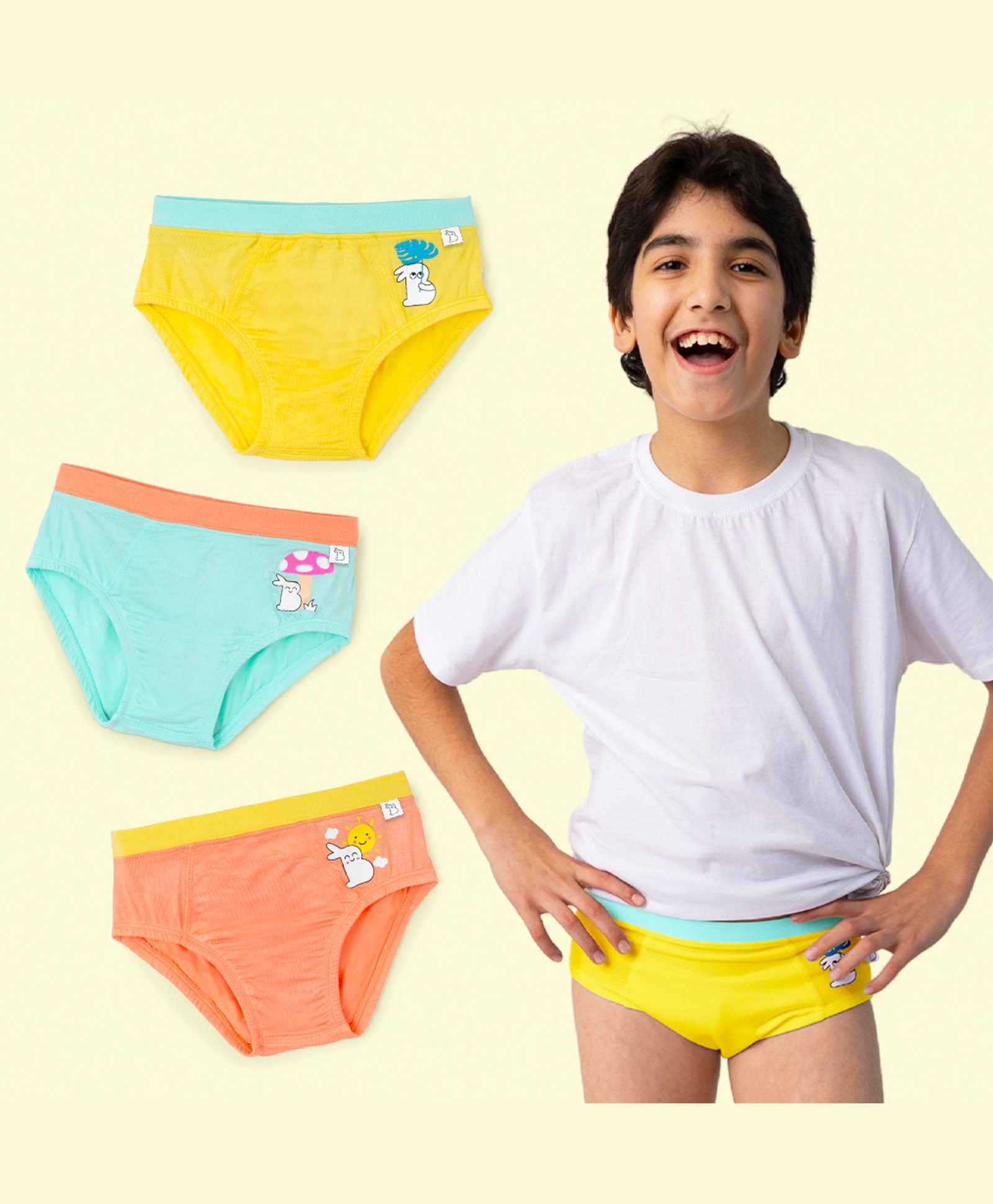 SuperBottoms Bamboo Knit Pack Of 3 Bunny Printed Super Soft Briefs With Funky Tattoo - Yellow Peach & Blue-picture-17