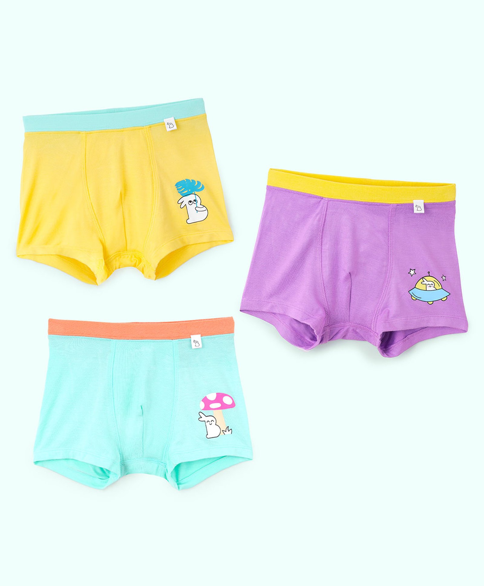 SuperBottoms Bamboo Knit Pack Of 3 Baby Bunny Designed Boxers With Funky Tattoo - Yellow Purple & Green-picture-13