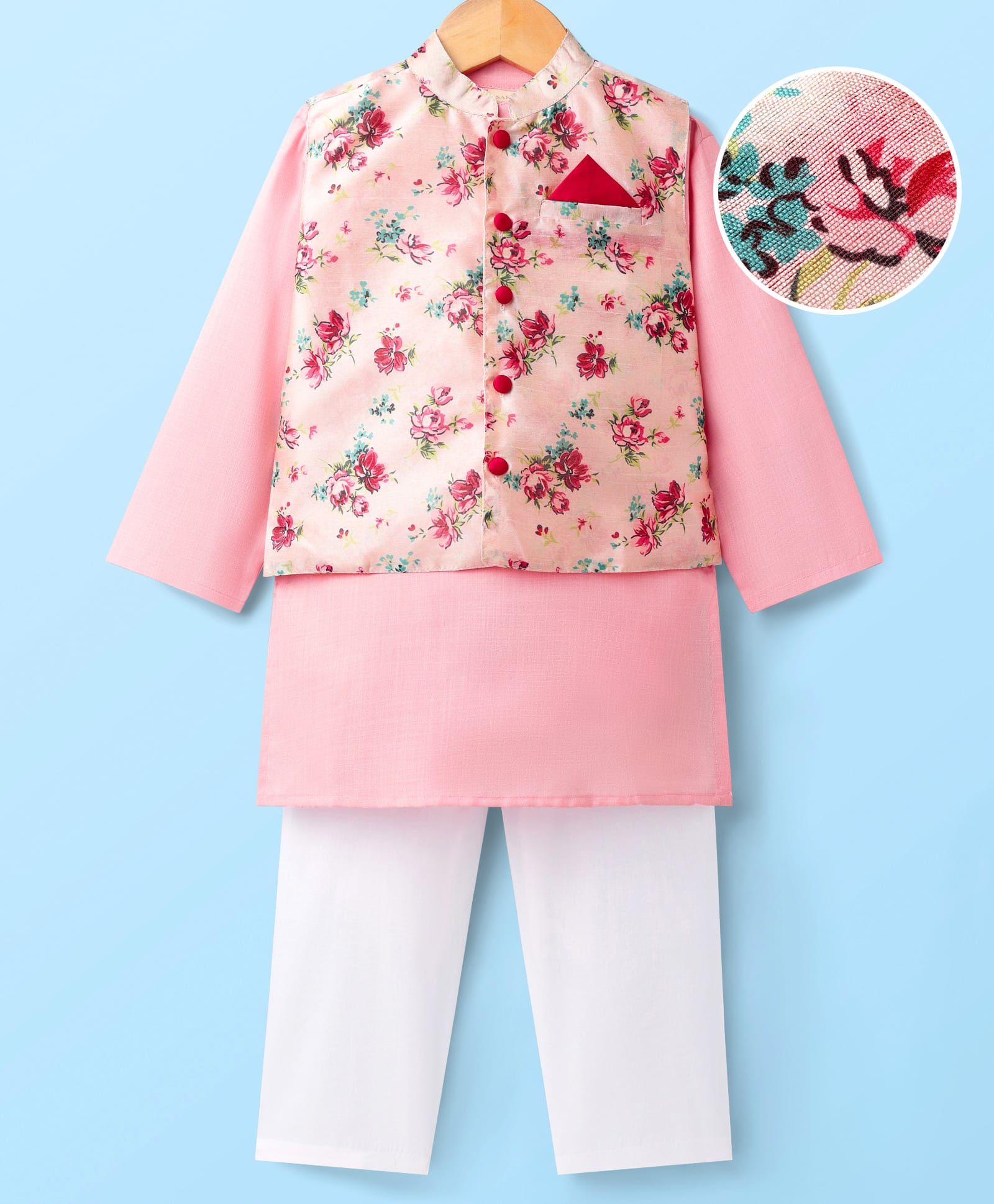 Saka Designs Cotton Woven Full Sleeves Kurta Pyjama Set with Floral Print Nehru Jacket - Pink & White-picture-11