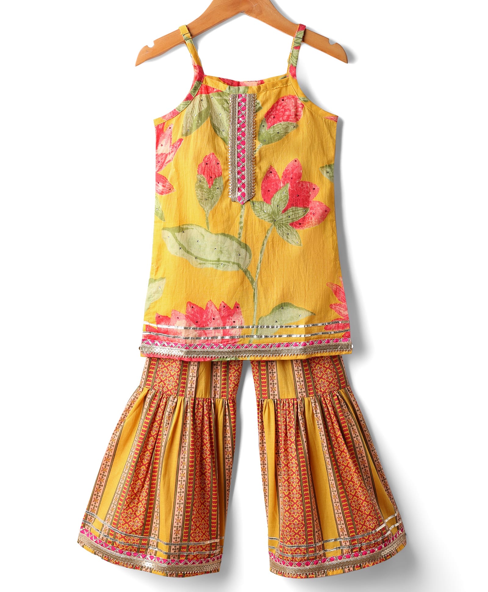 Saka Designs Cotton Woven Sleeveless Kurti & Gharara Set with Floral Print - Yellow-image-44