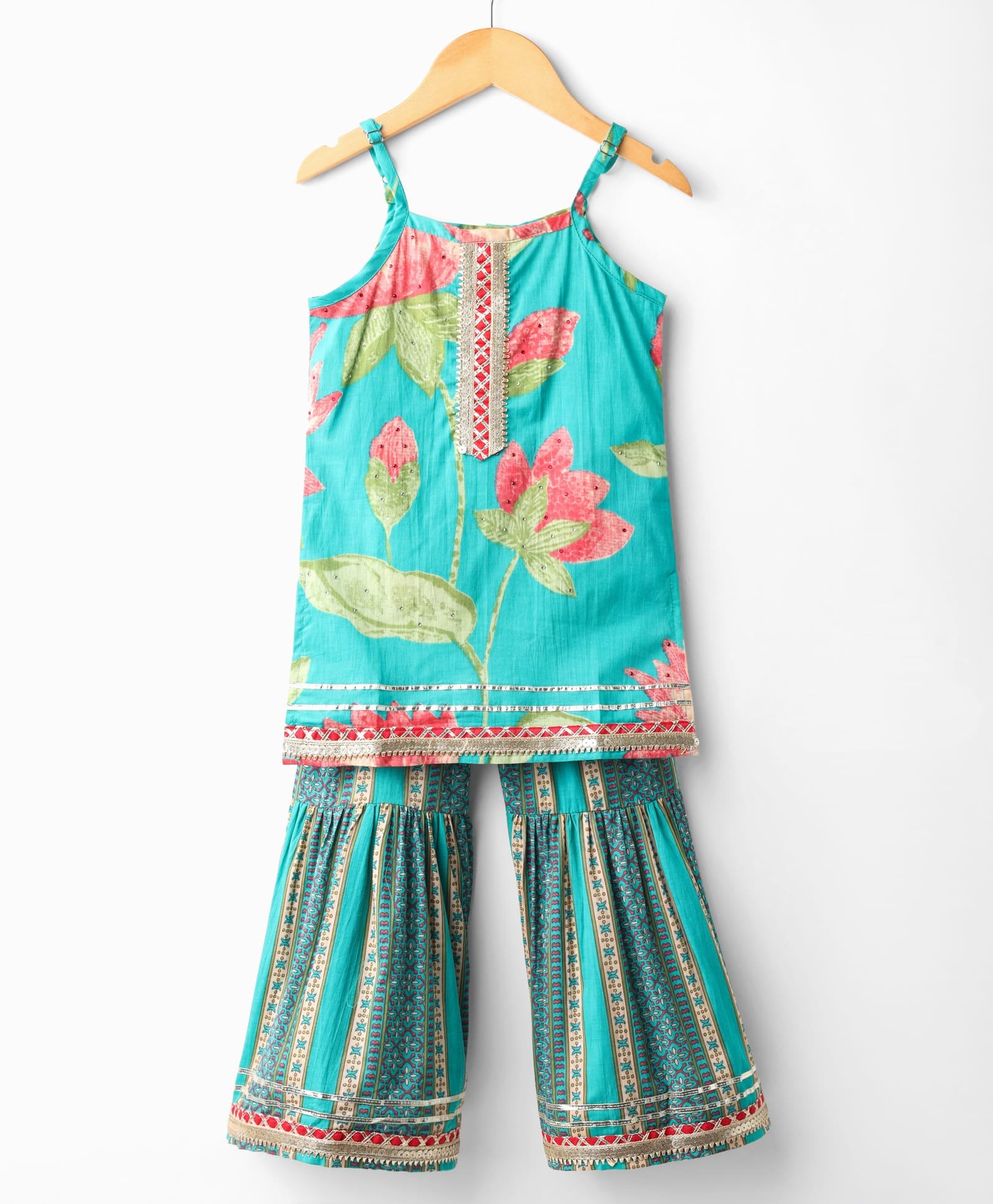 Saka Designs Cotton Woven Sleeveless Kurti Gharara Set with Floral Print & Lace Detailing - Aqua Blue-picture-18