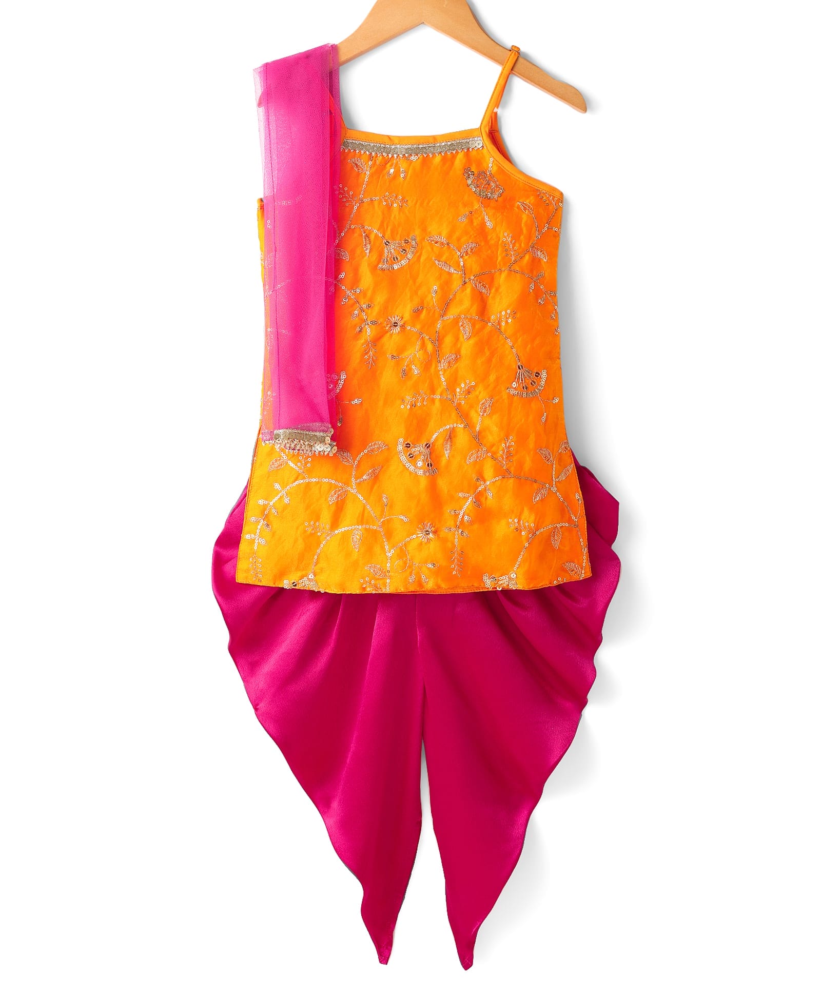 Saka Designs Satin Woven Sleeveless Kurti & Patiala Set with Dupatta & Floral Sequin Design - Yellow & Dark Pink-image-2