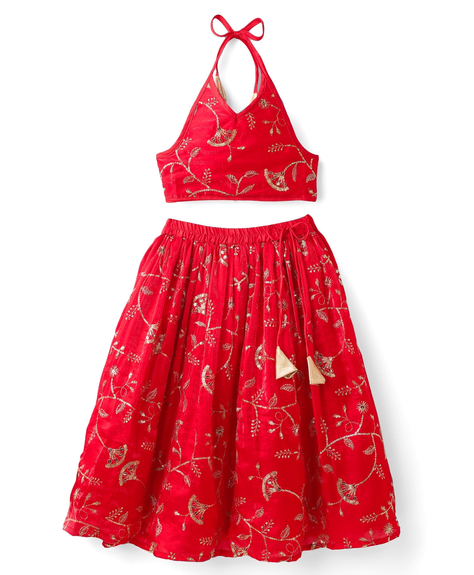 Saka Designs Satin Woven Sleeveless Halter Neck Choli & Lehenga Set with Back Tie Up & Floral Sequin Design - Red-picture-25