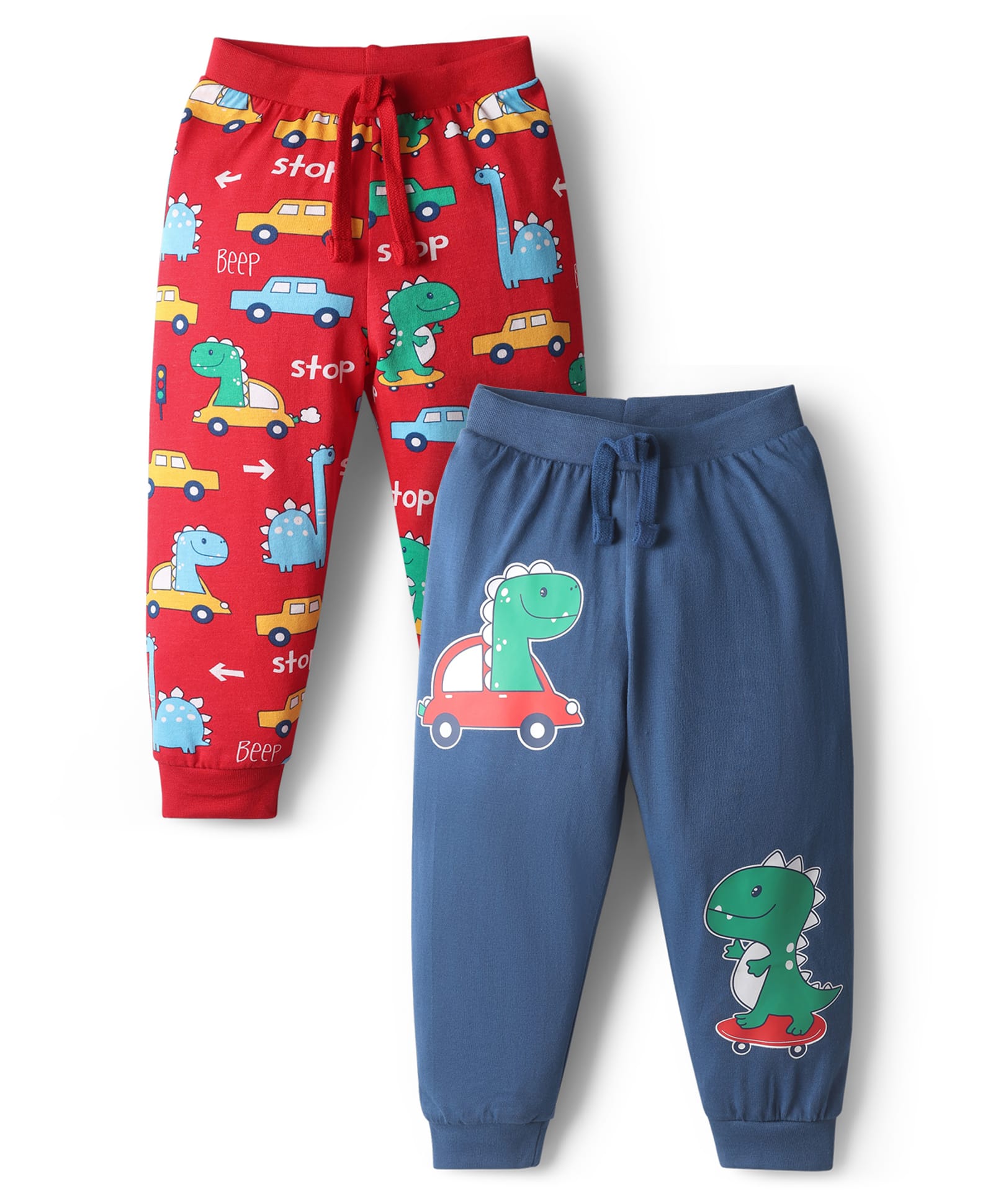 Babyhug Cotton Knit Full Length Dino & Vehicles Printed Lounge Pants Pack Of 2 - Red & Navy Blue-image-40