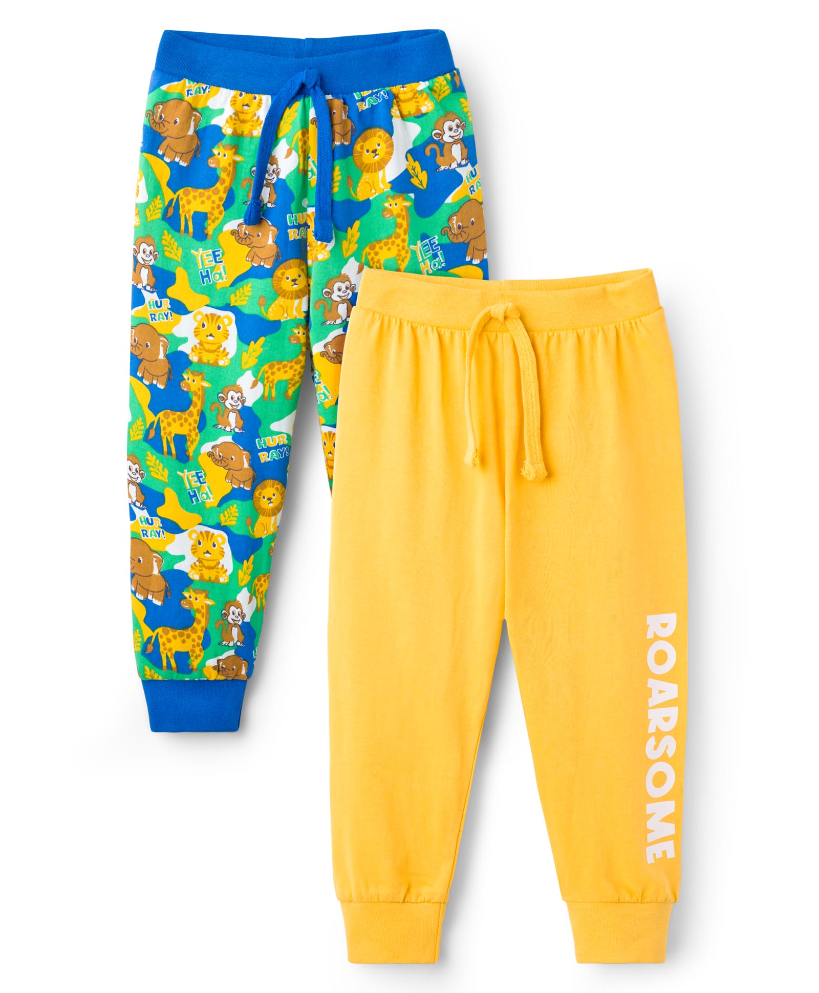Babyhug Cotton Knit Full Length Lounge Pant with Animal Print Pack of 2- Yellow & Blue-image-26