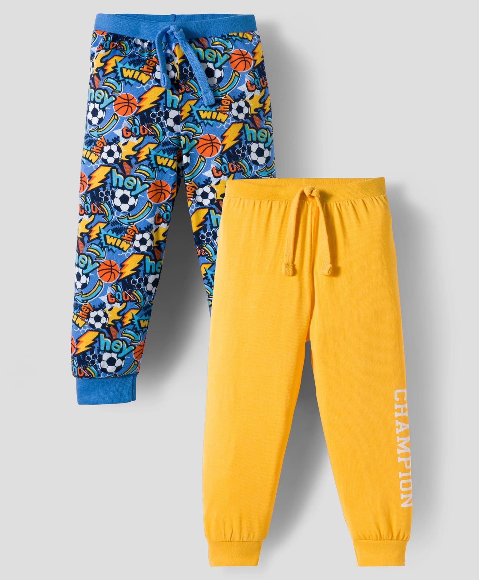 Babyhug Cotton Knit Full Length Lounge Pants with Sports Print Pack of 2 - Yellow & Blue-image-12