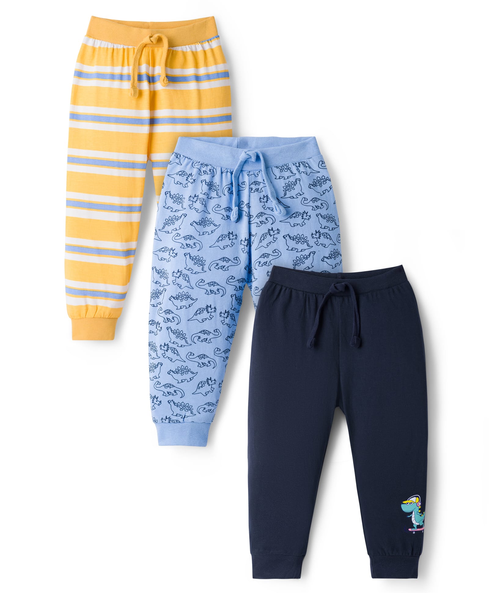 Babyhug Cotton Knit Full Length Lounge Pant With Dino Print Pack Of 3 - Yellow Navy Blue & Light Blue-picture-14