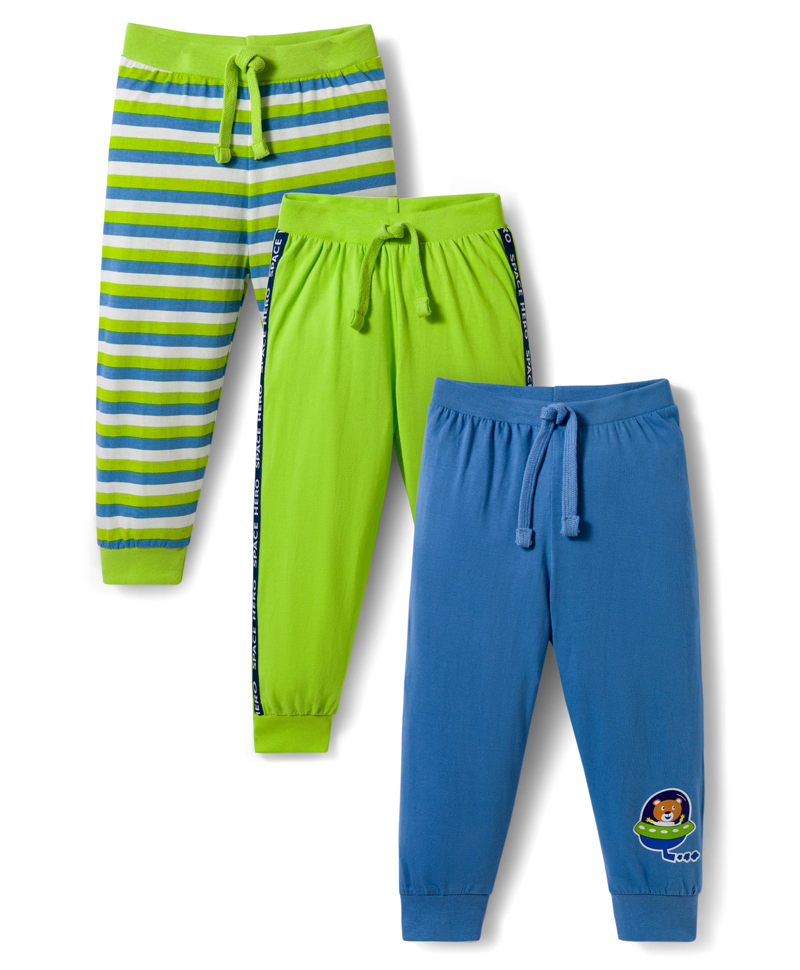 Babyhug Cotton Knit Full Length Lounge Pant With Stripes Pack Of 3 - Lime Green & Blue-image-18